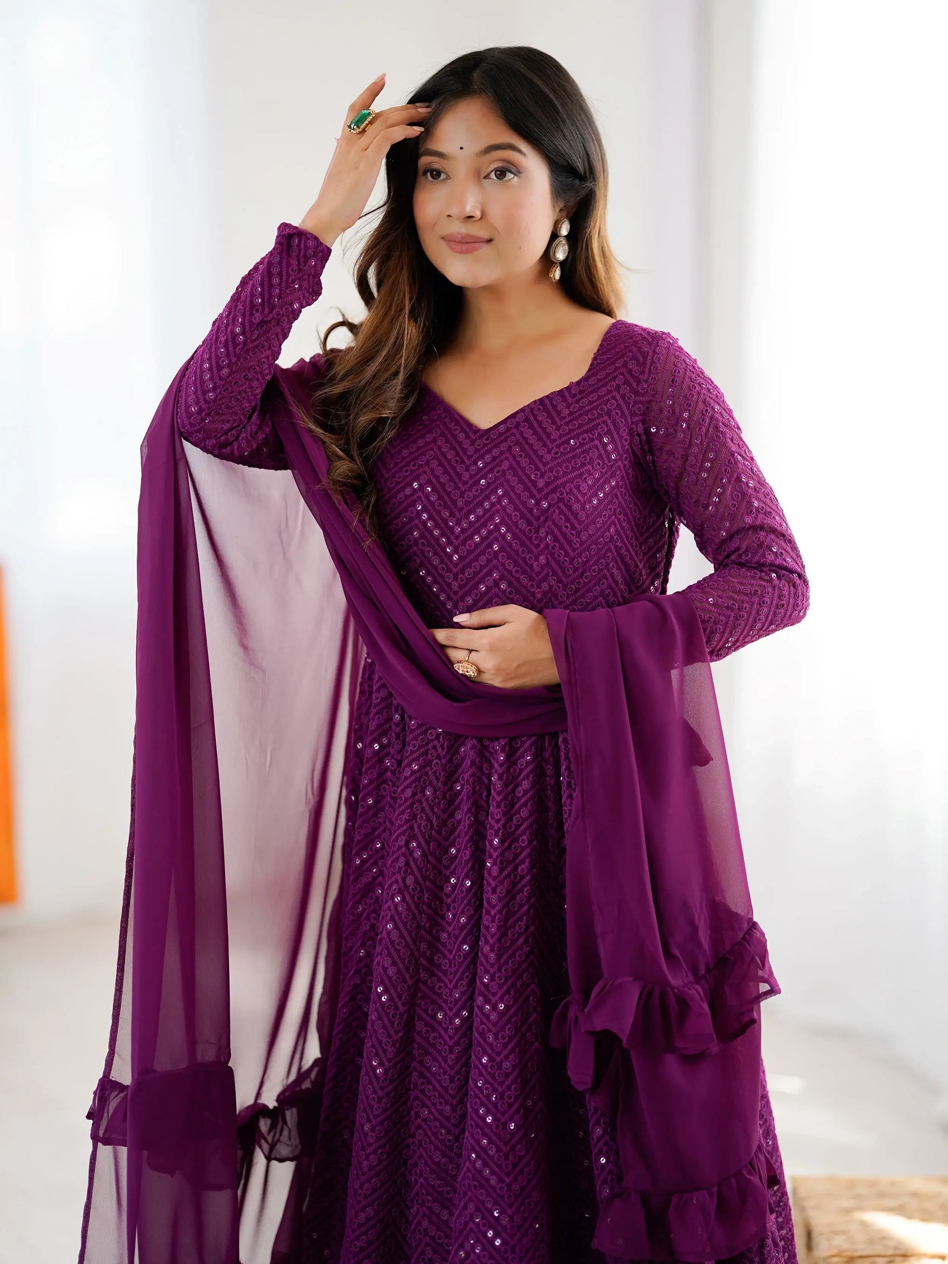 Fantastic Wine Lucknowi Work Georgette Wedding Wear Anarkali Suit - Zeel Clothing