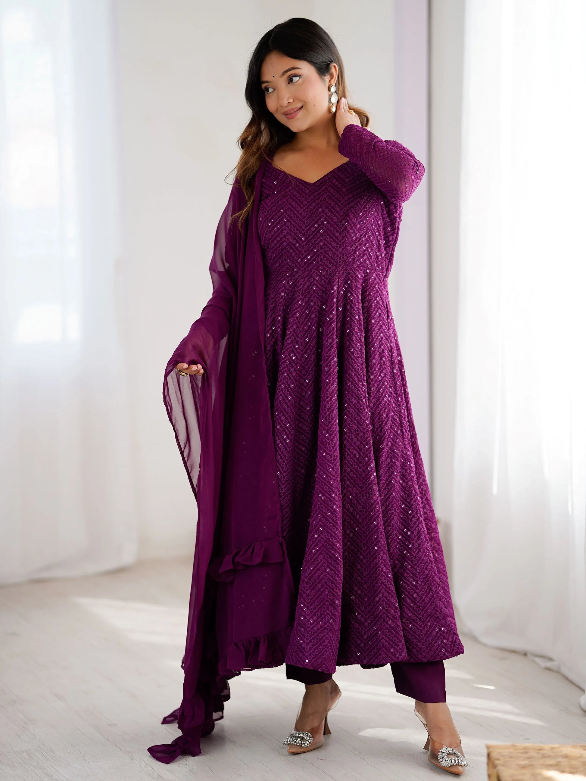 Fantastic Wine Lucknowi Work Georgette Wedding Wear Anarkali Suit - Zeel Clothing