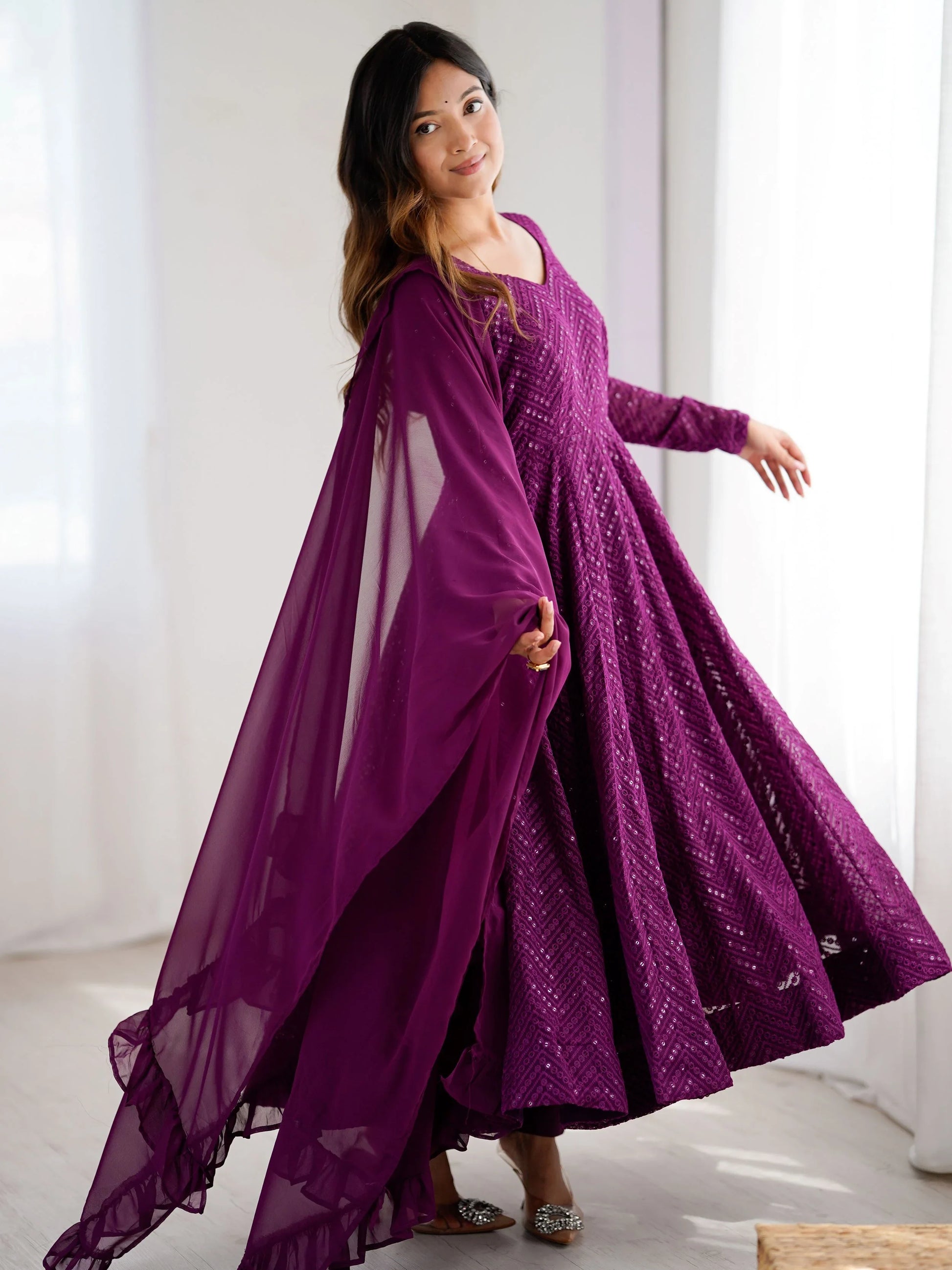 Fantastic Wine Lucknowi Work Georgette Wedding Wear Anarkali Suit - Zeel Clothing