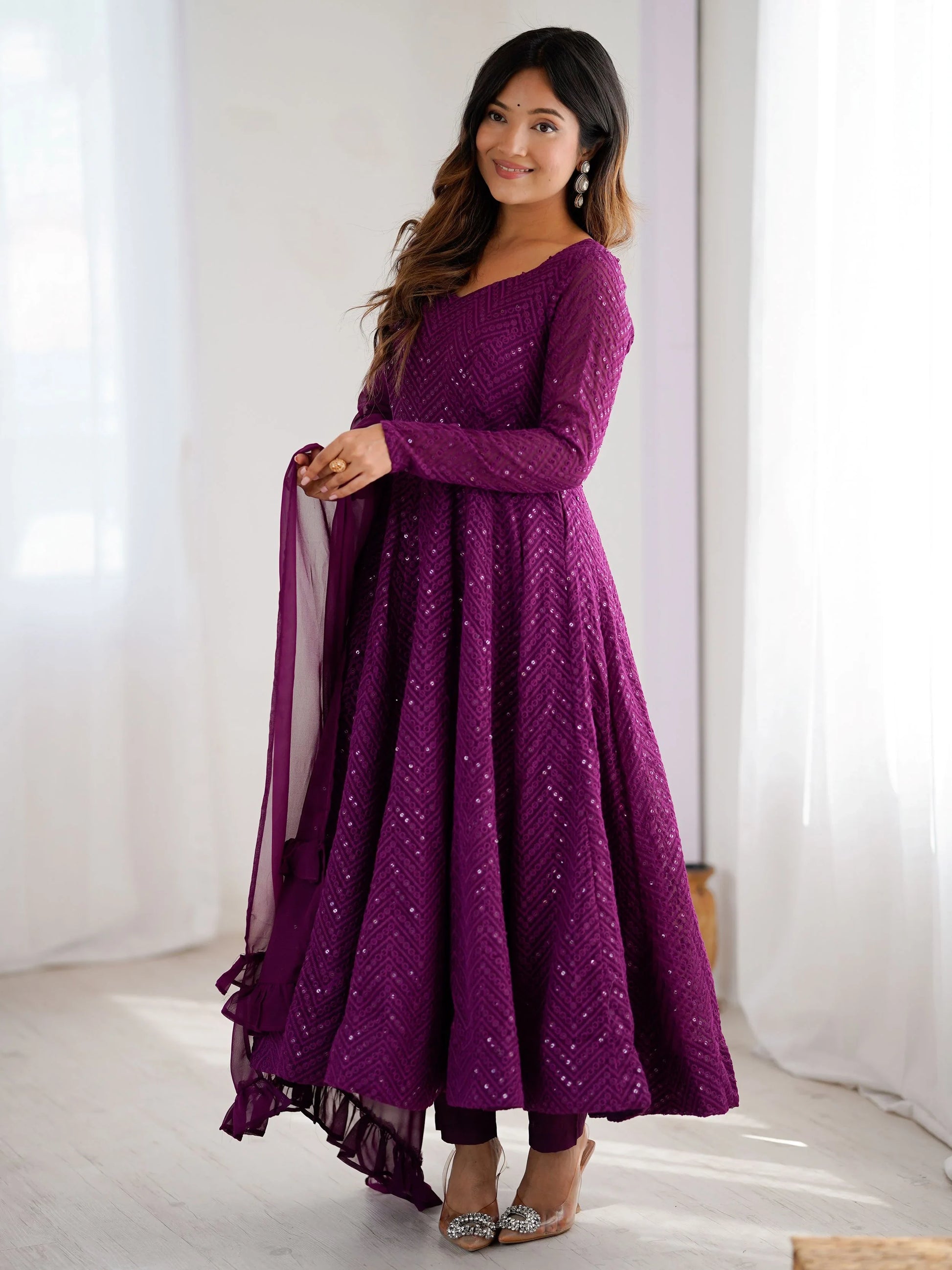 Fantastic Wine Lucknowi Work Georgette Wedding Wear Anarkali Suit - Zeel Clothing