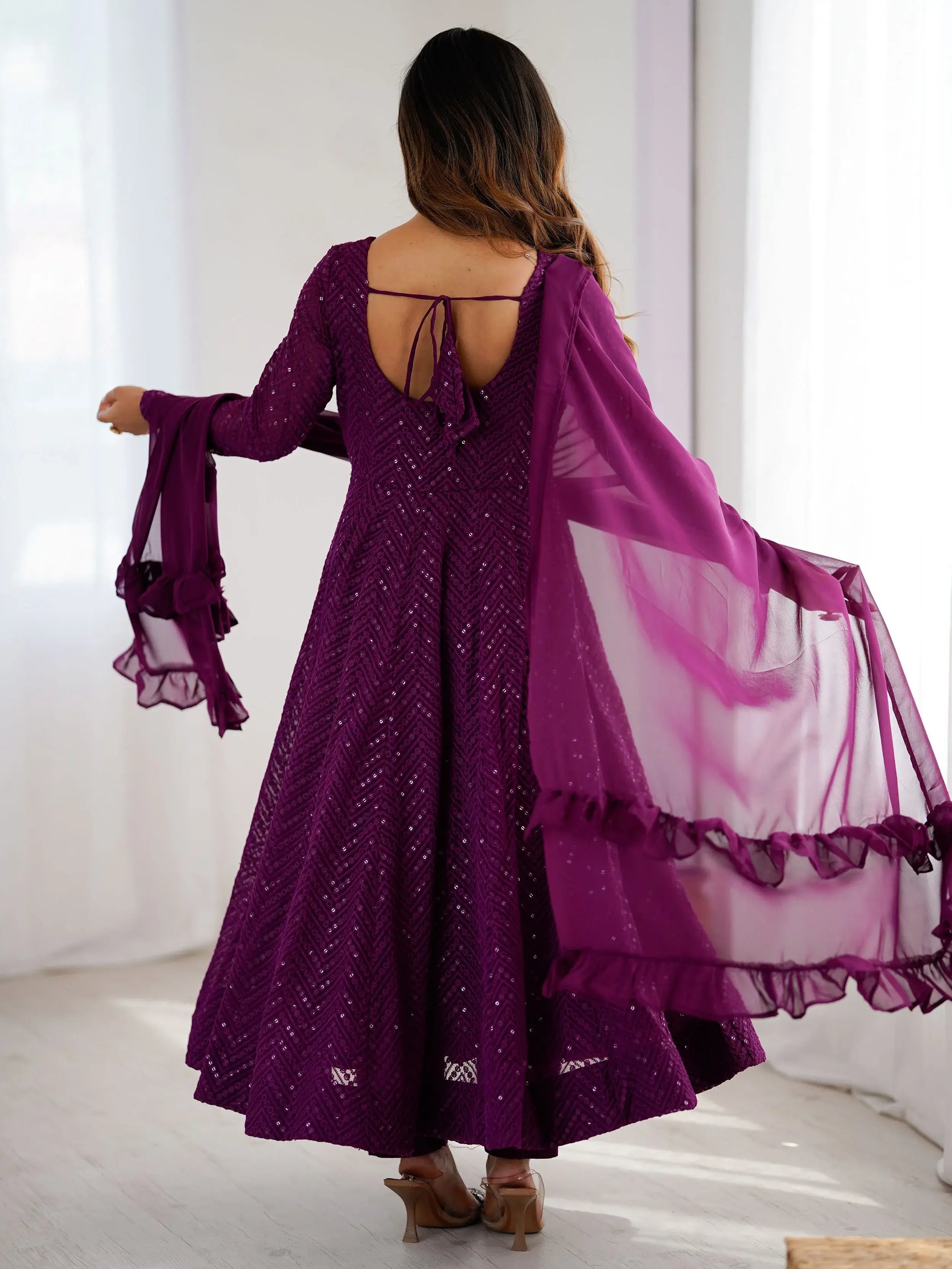 Fantastic Wine Lucknowi Work Georgette Wedding Wear Anarkali Suit - Zeel Clothing