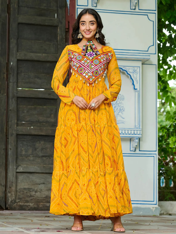 Fantastic Yellow Kutchi Patch Work Georgette Festive Special Gown - Zeel Clothing