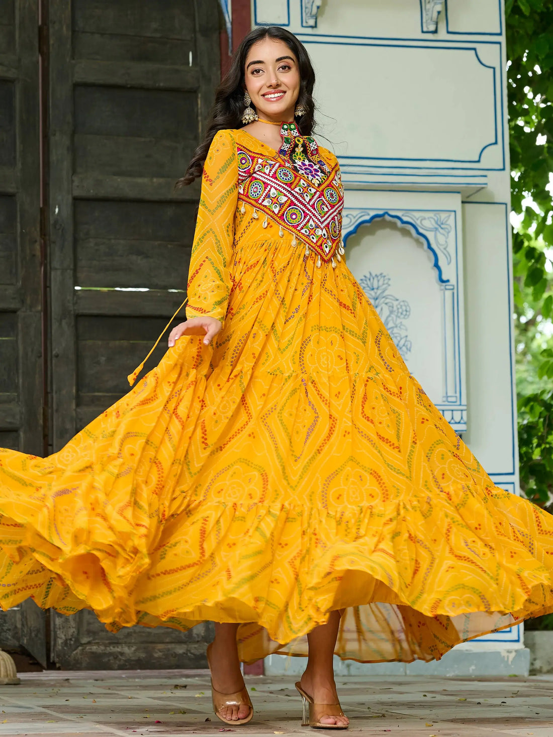 Fantastic Yellow Kutchi Patch Work Georgette Festive Special Gown - Zeel Clothing
