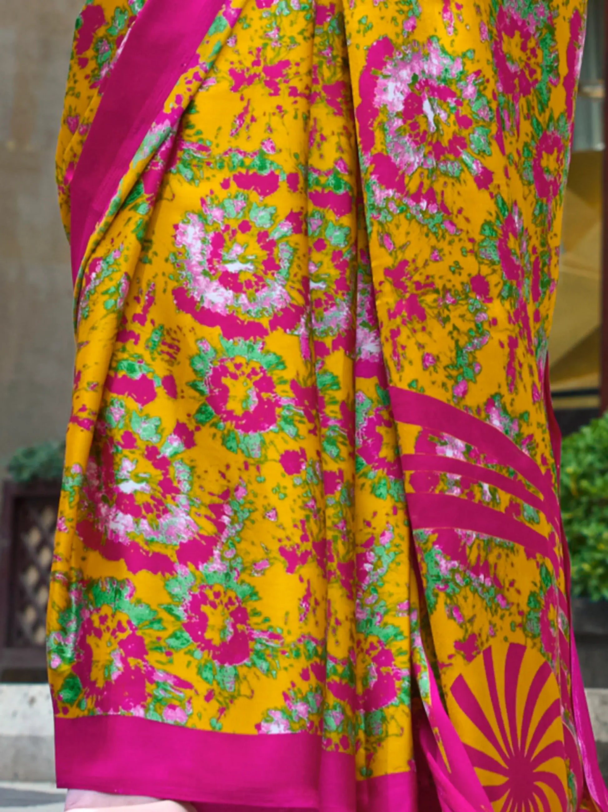 Fantastic Yellow Printed Satin Casual Wear Saree With Blouse - Zeel Clothing