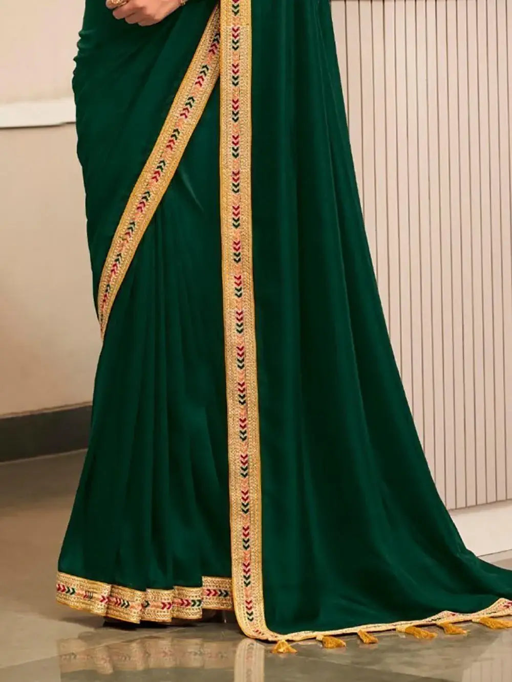 Fantastical Dark Green Embroidered Border Vichitra Silk Wear Saree - Zeel Clothing