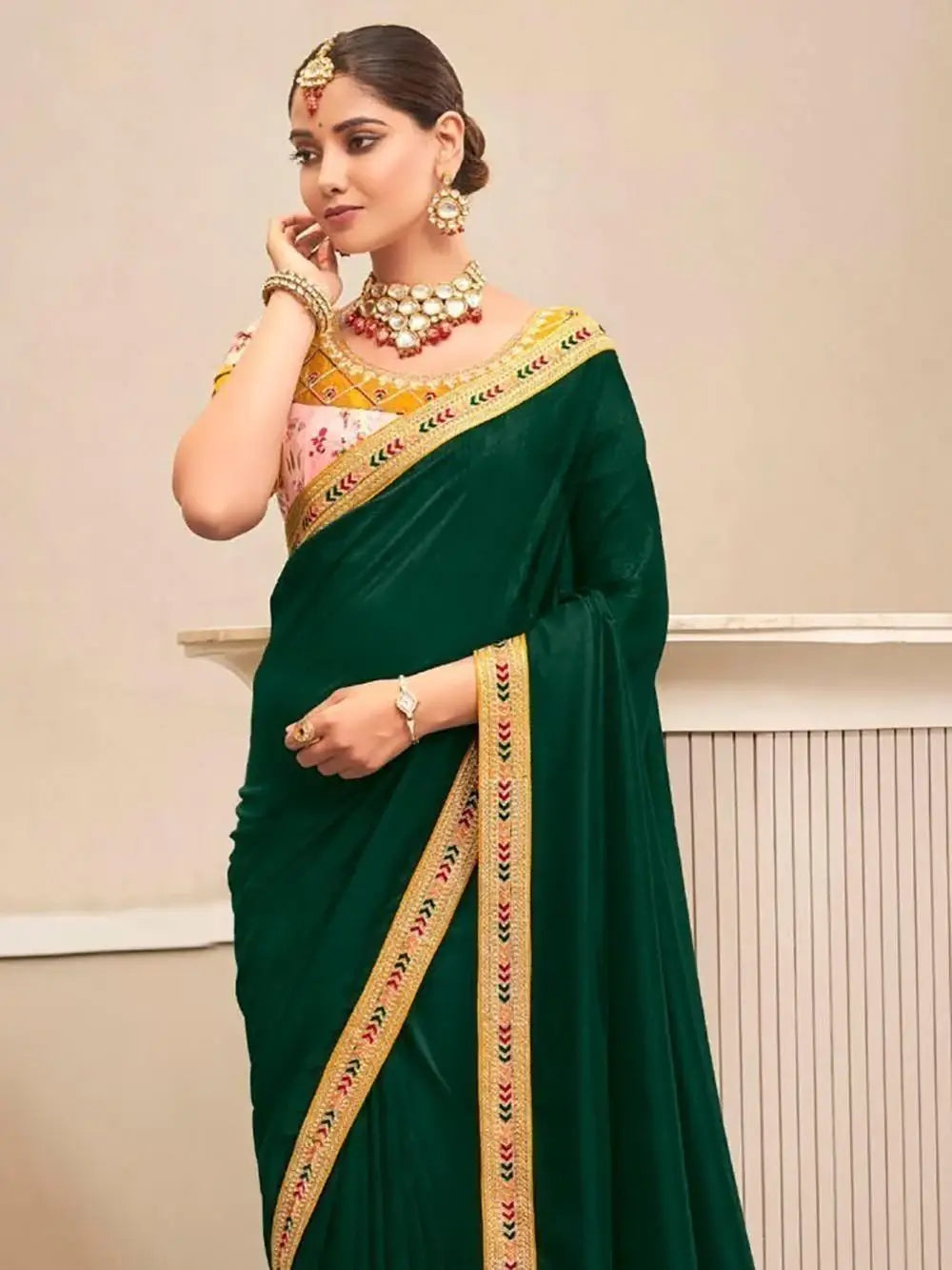 Fantastical Dark Green Embroidered Border Vichitra Silk Wear Saree - Zeel Clothing