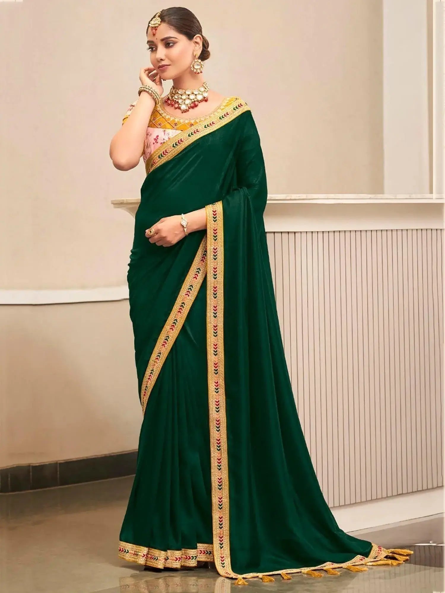 Fantastical Dark Green Embroidered Border Vichitra Silk Wear Saree - Zeel Clothing