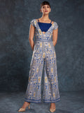 Fantastical Navy Blue Printed Linen Party Wear Jumpsuit - Zeel Clothing