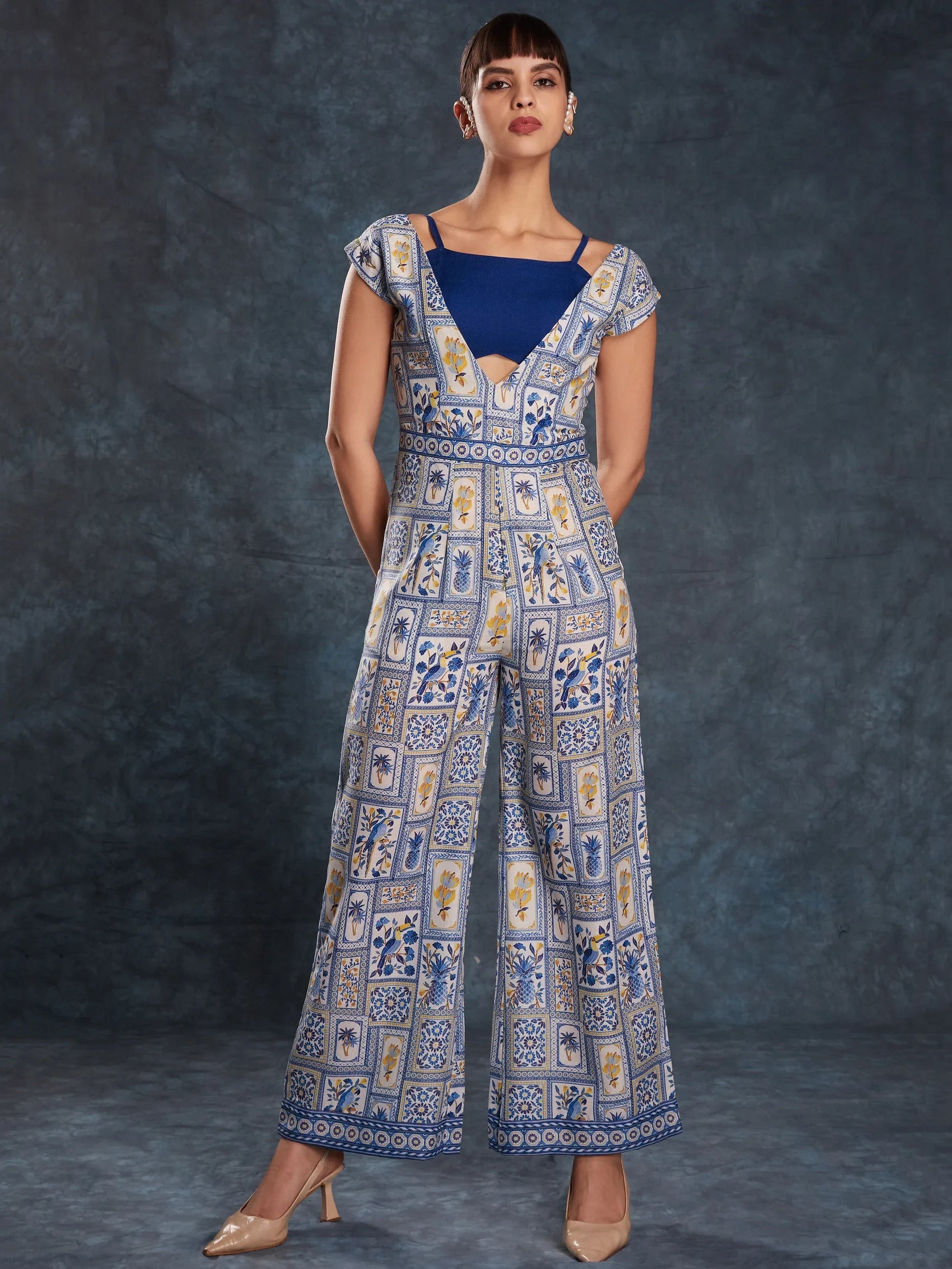 Fantastical Navy Blue Printed Linen Party Wear Jumpsuit - Zeel Clothing