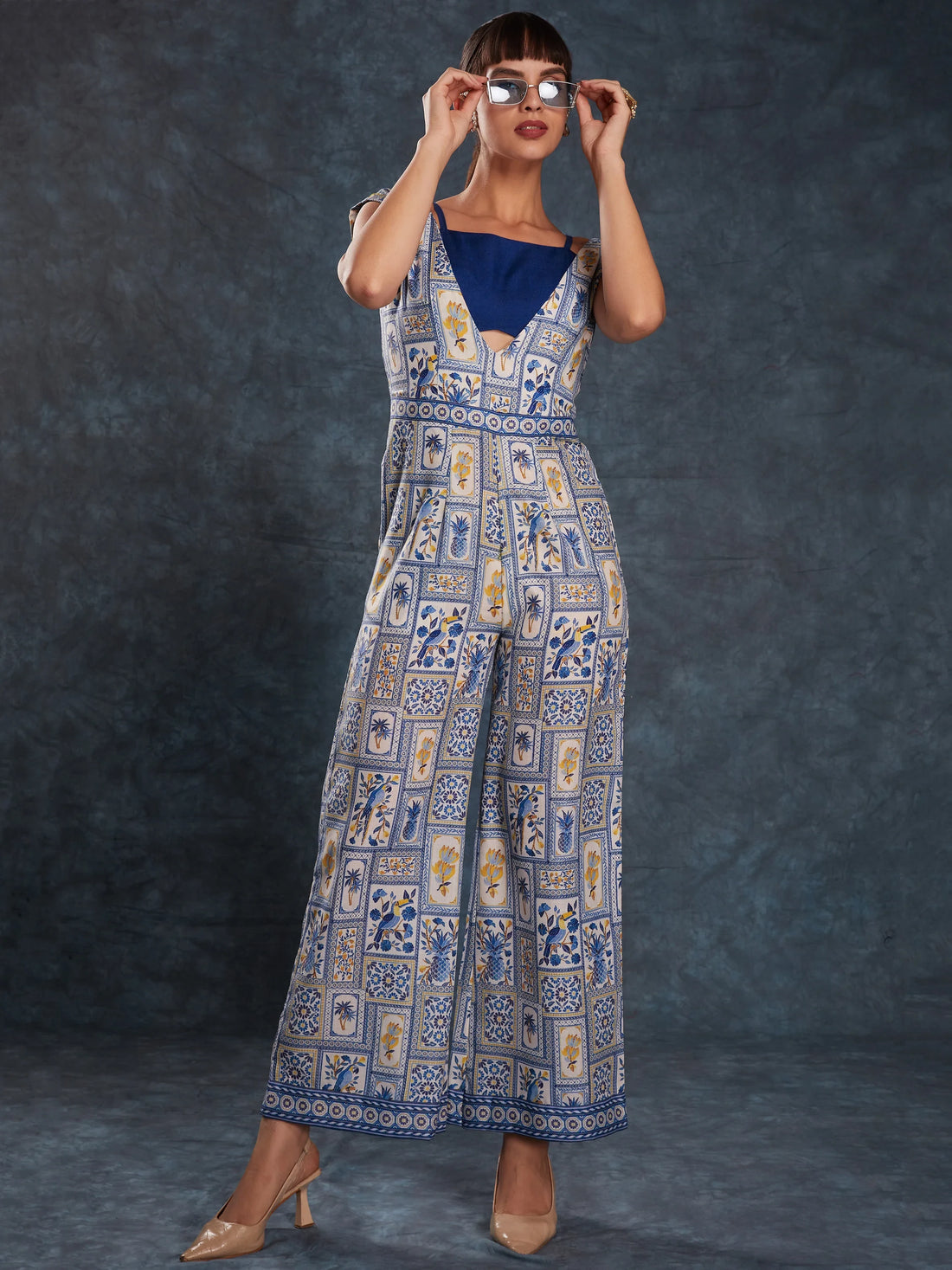 Fantastical Navy Blue Printed Linen Party Wear Jumpsuit - Zeel Clothing