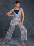 Fantastical Navy Blue Printed Linen Party Wear Jumpsuit - Zeel Clothing