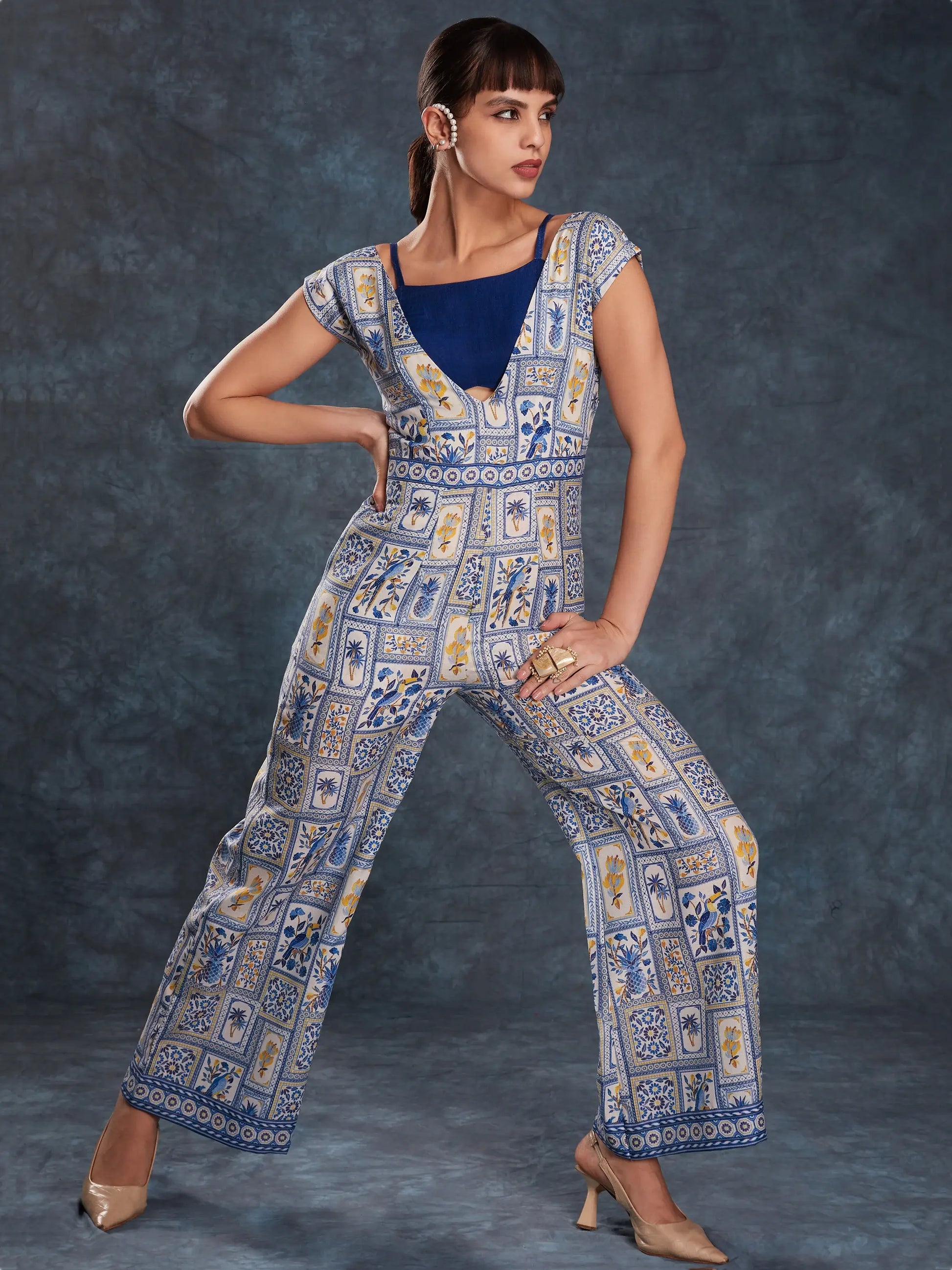 Fantastical Navy Blue Printed Linen Party Wear Jumpsuit - Zeel Clothing