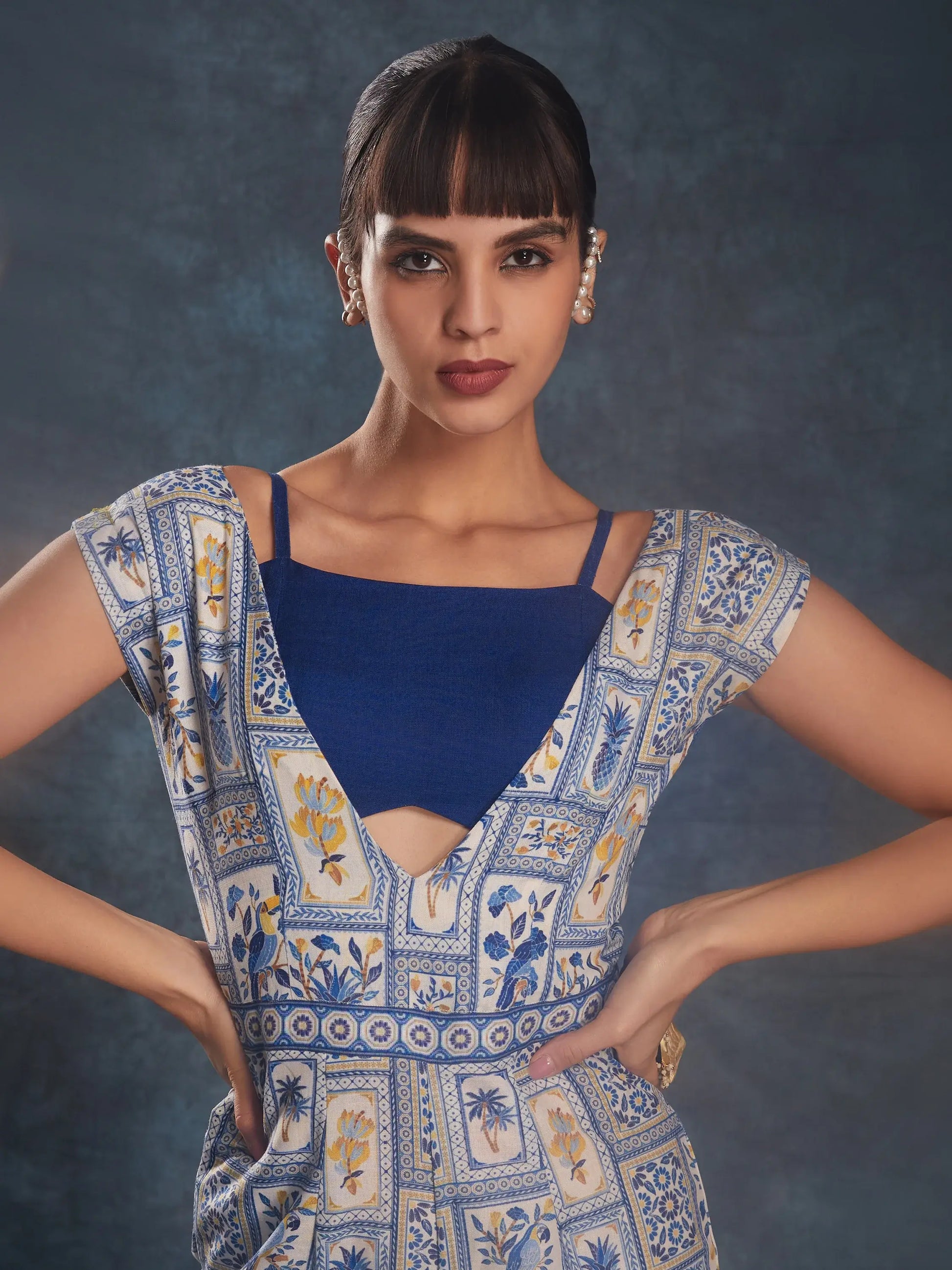 Fantastical Navy Blue Printed Linen Party Wear Jumpsuit - Zeel Clothing