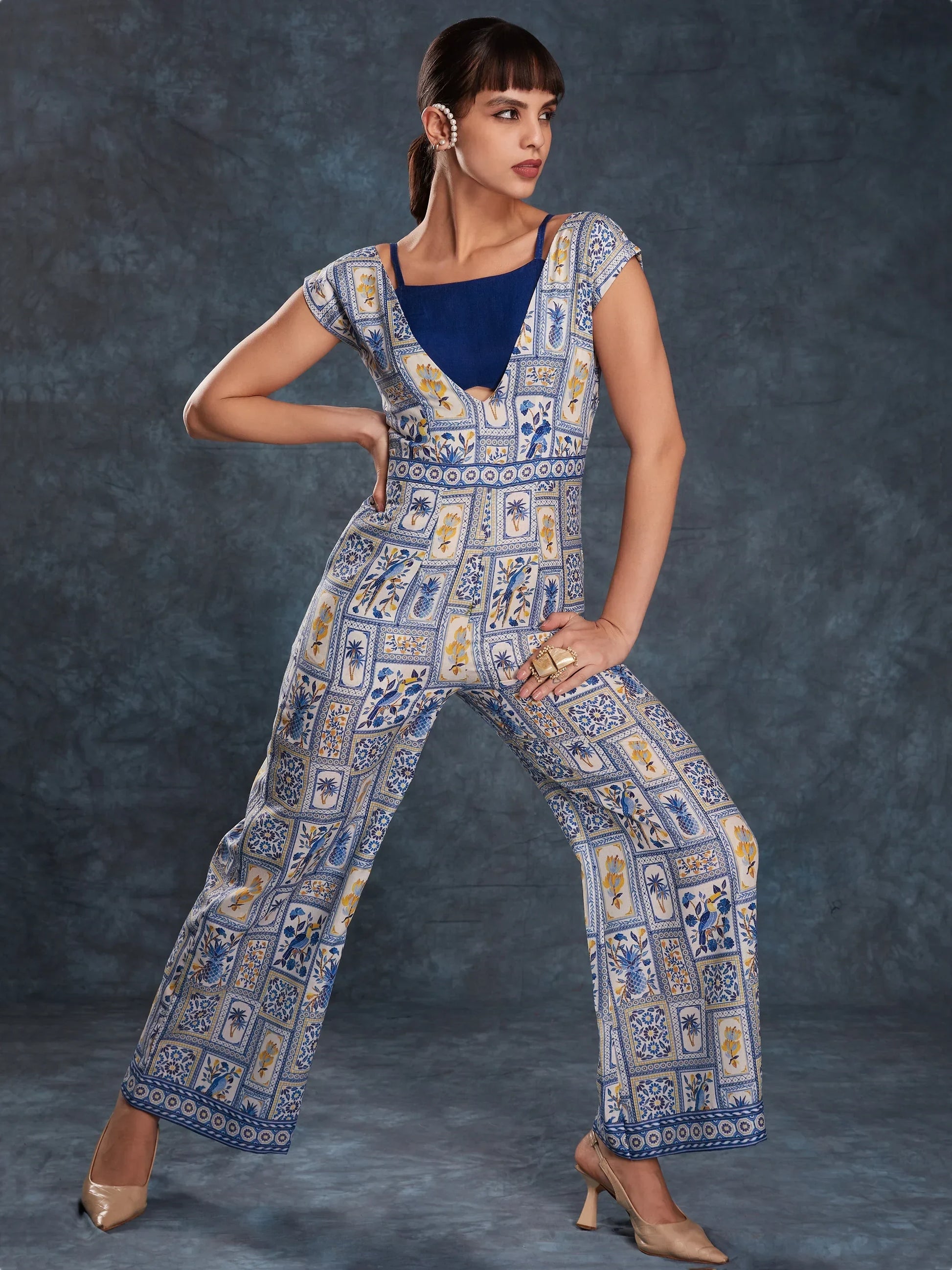 Fantastical Navy Blue Printed Linen Party Wear Jumpsuit - Zeel Clothing