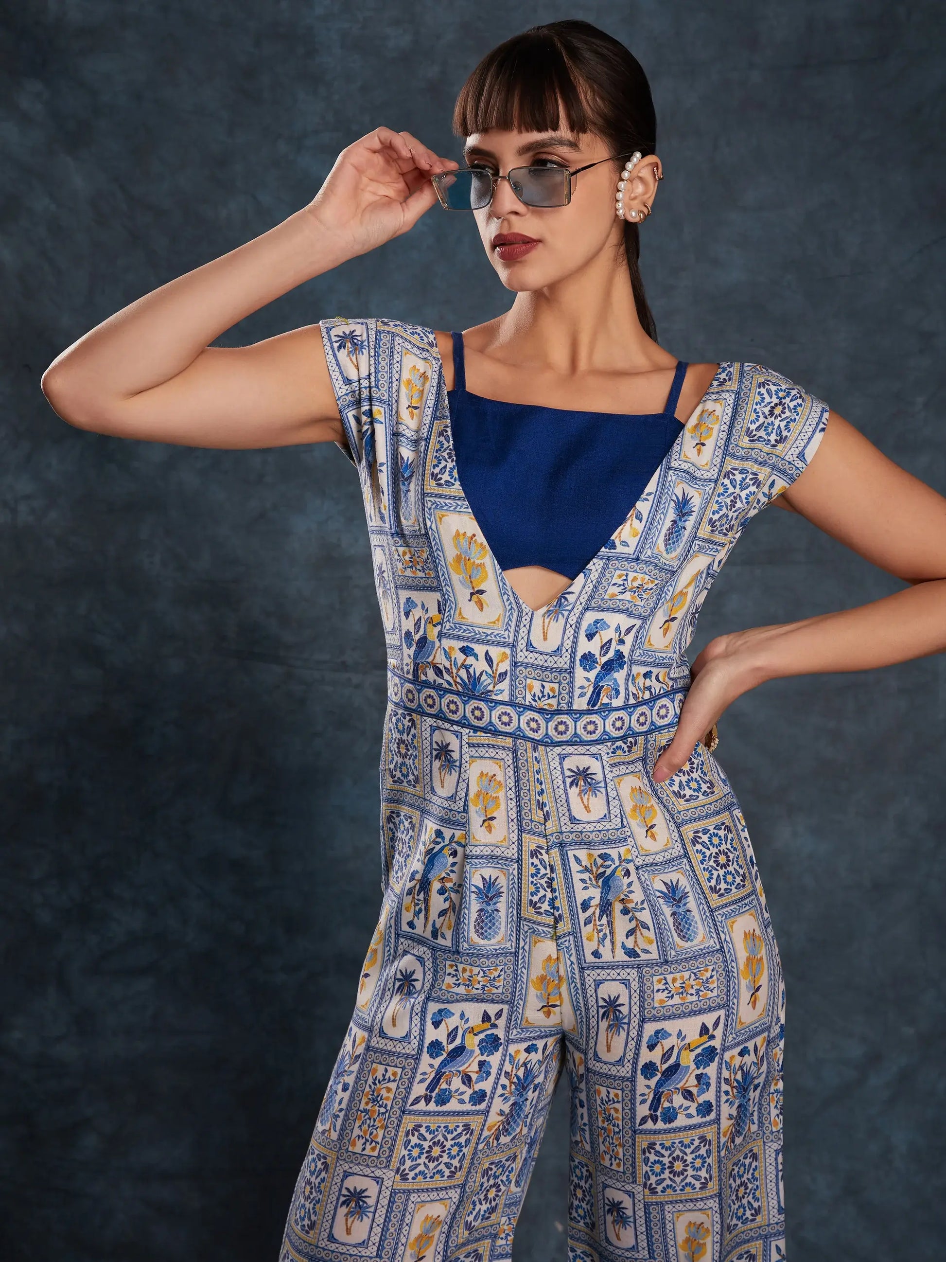 Fantastical Navy Blue Printed Linen Party Wear Jumpsuit - Zeel Clothing