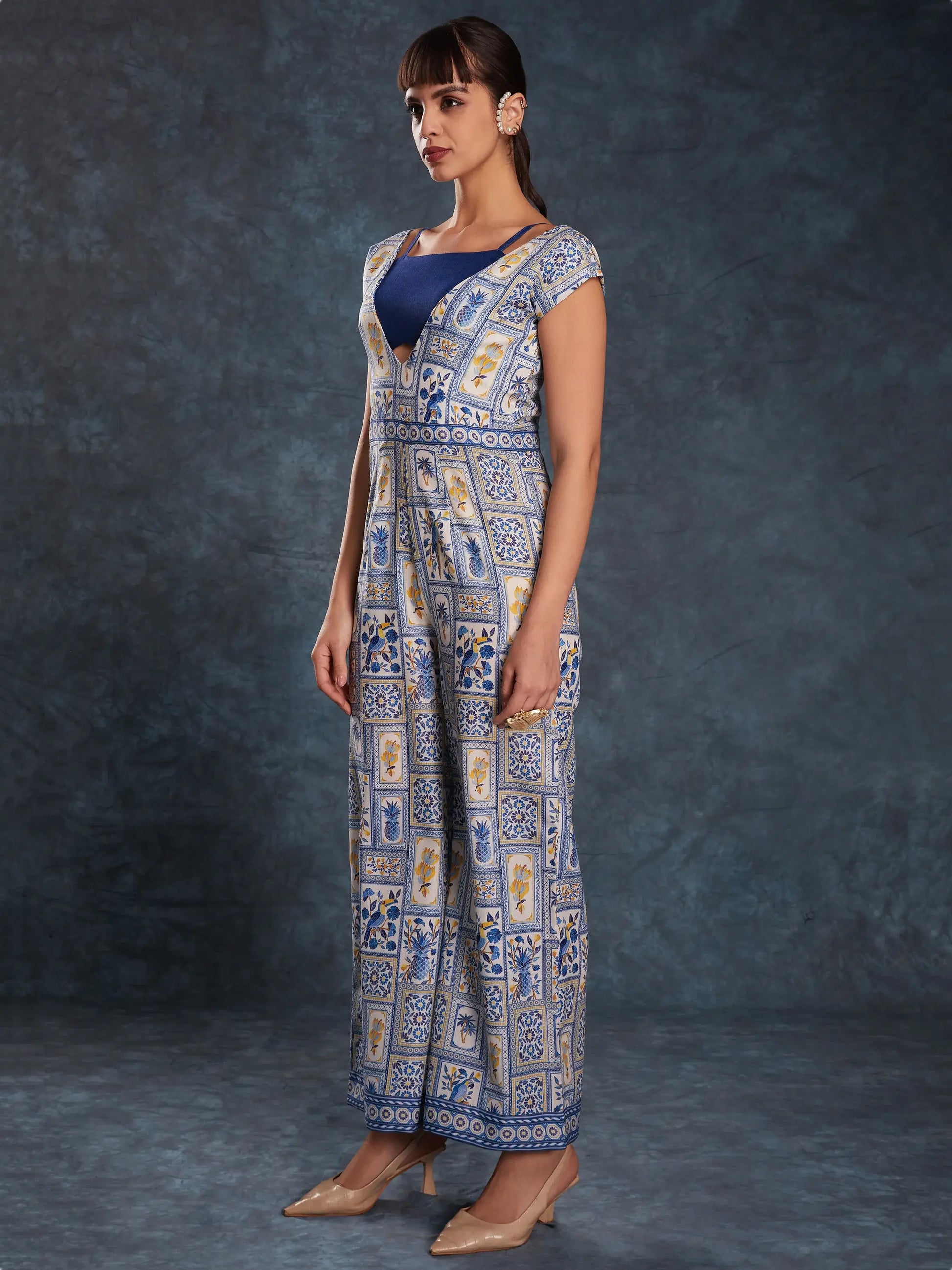 Fantastical Navy Blue Printed Linen Party Wear Jumpsuit - Zeel Clothing