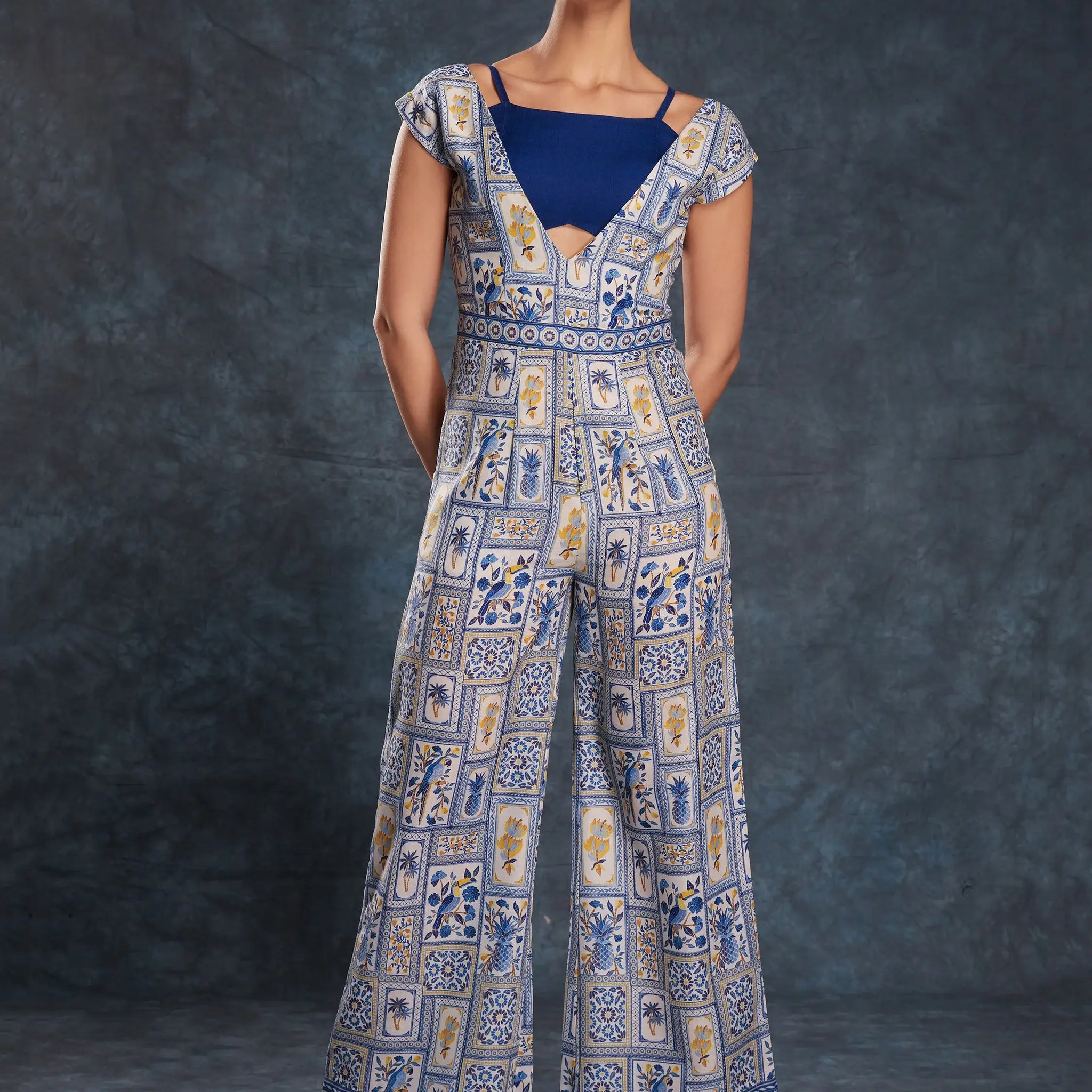 Fantastical Navy Blue Printed Linen Party Wear Jumpsuit - Zeel Clothing