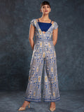Fantastical Navy Blue Printed Linen Party Wear Jumpsuit - Zeel Clothing