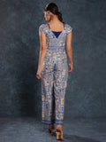 Fantastical Navy Blue Printed Linen Party Wear Jumpsuit - Zeel Clothing