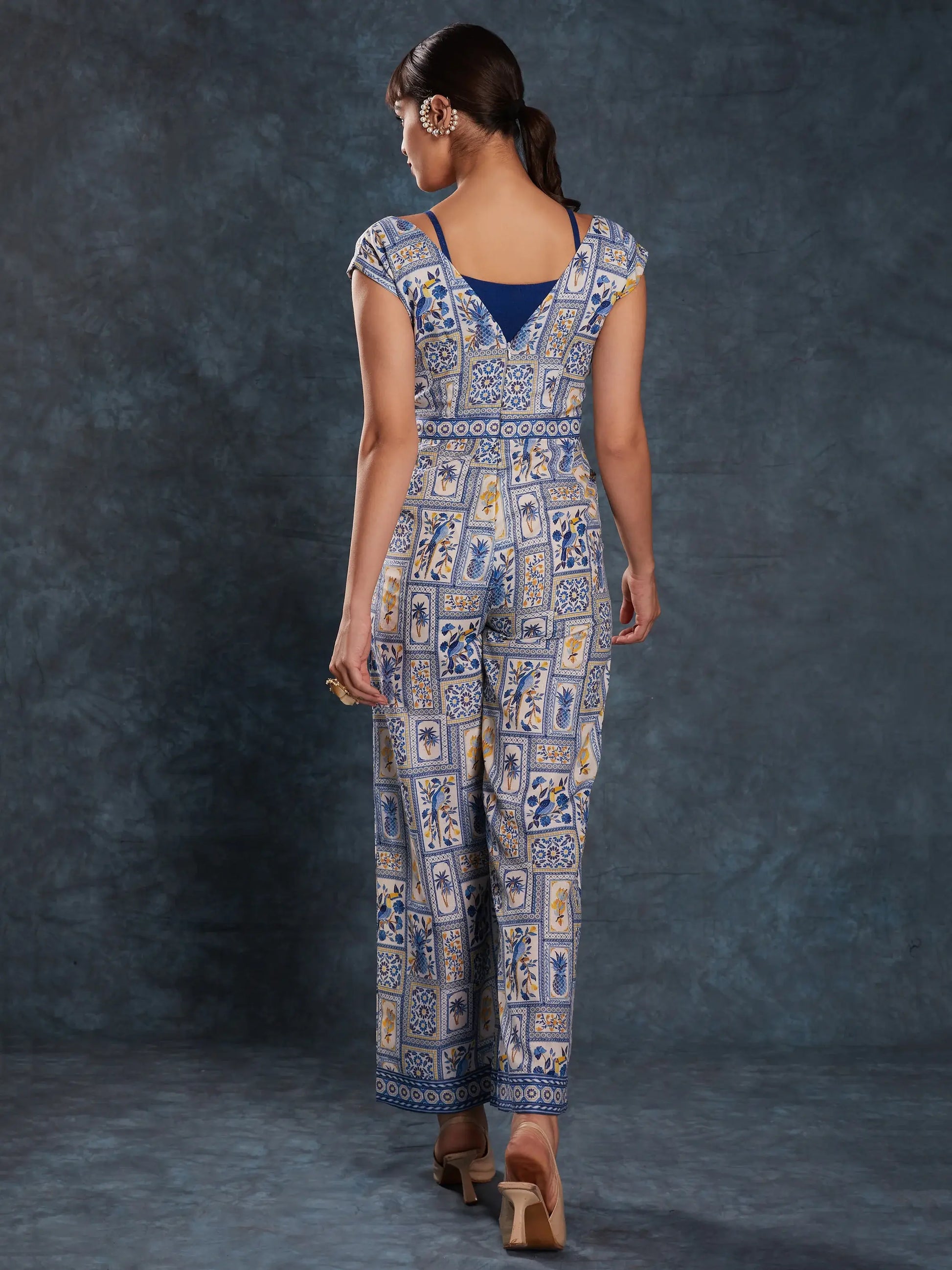 Fantastical Navy Blue Printed Linen Party Wear Jumpsuit - Zeel Clothing