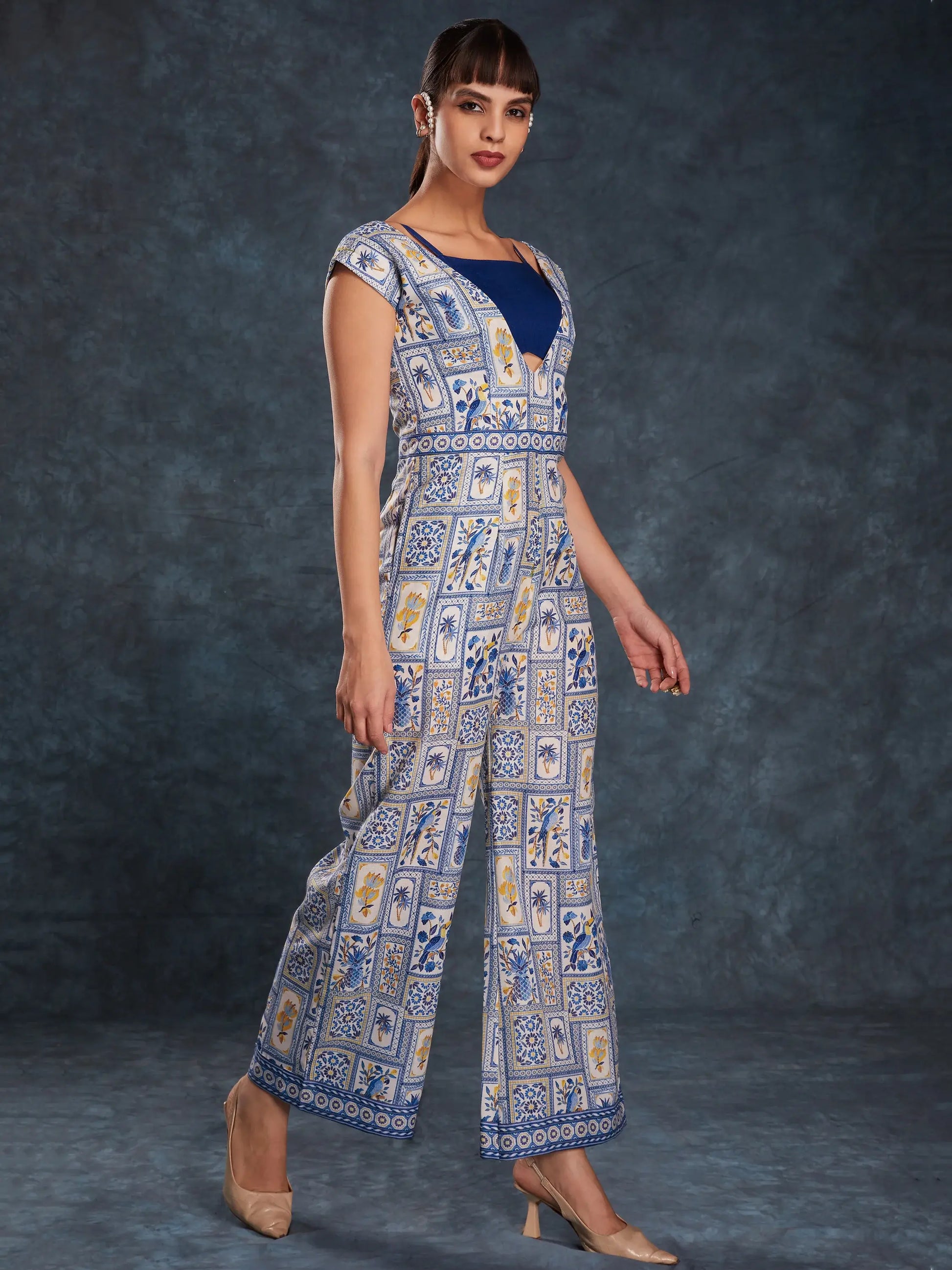 Fantastical Navy Blue Printed Linen Party Wear Jumpsuit - Zeel Clothing