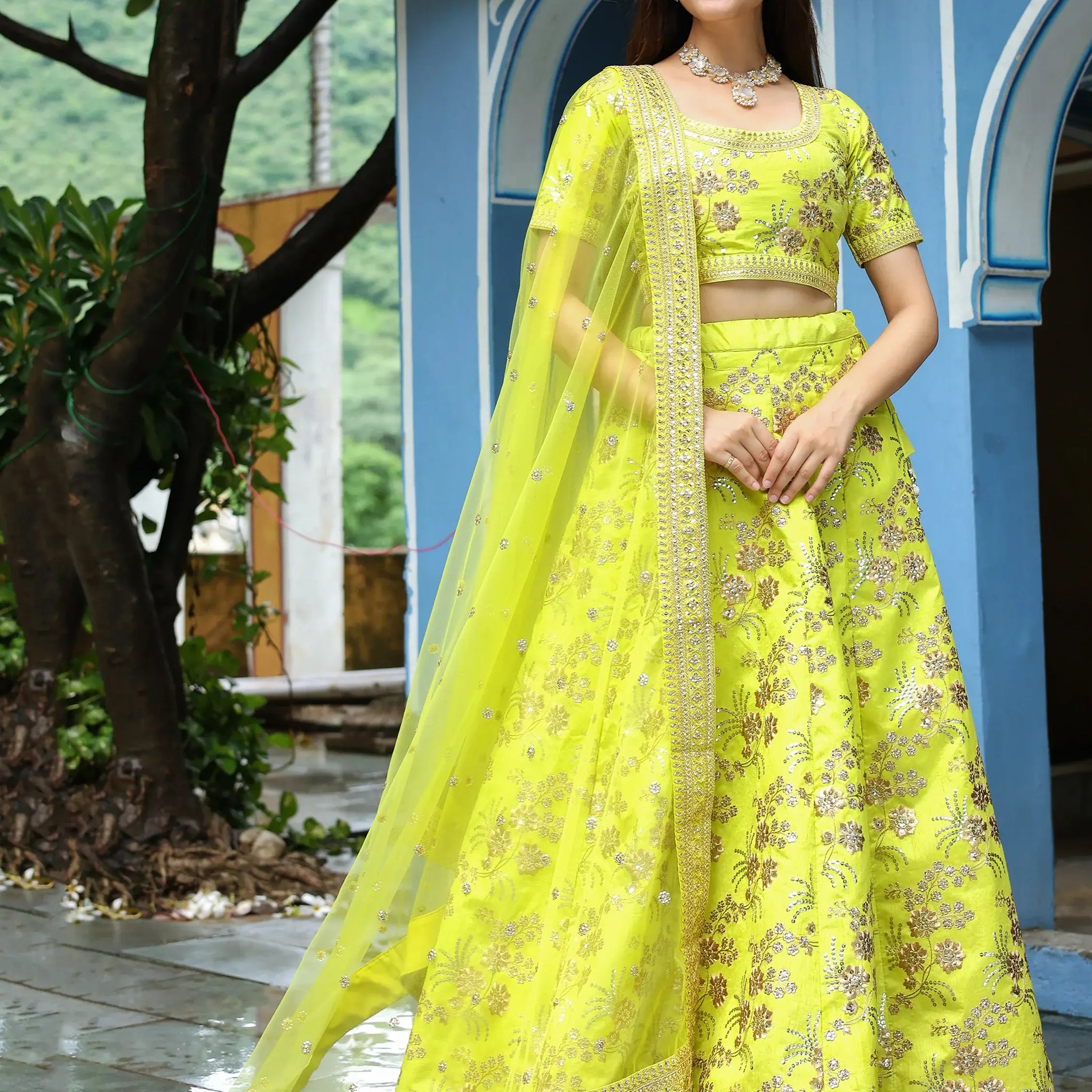 Fantastical Neon Embroidery Silk Lehenga Choli With Dupatta - Zeel Clothing