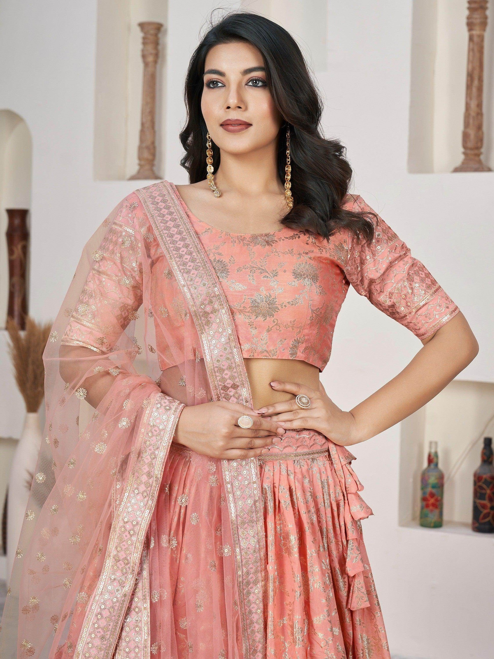 Fantastical Peach Zari Work Jacquard Bridesmaid Lehenga Choli - Zeel Clothing