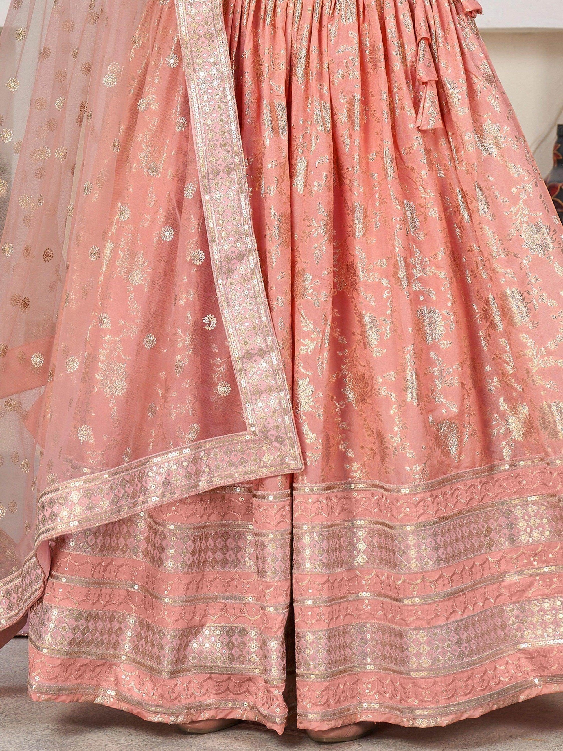 Fantastical Peach Zari Work Jacquard Bridesmaid Lehenga Choli - Zeel Clothing