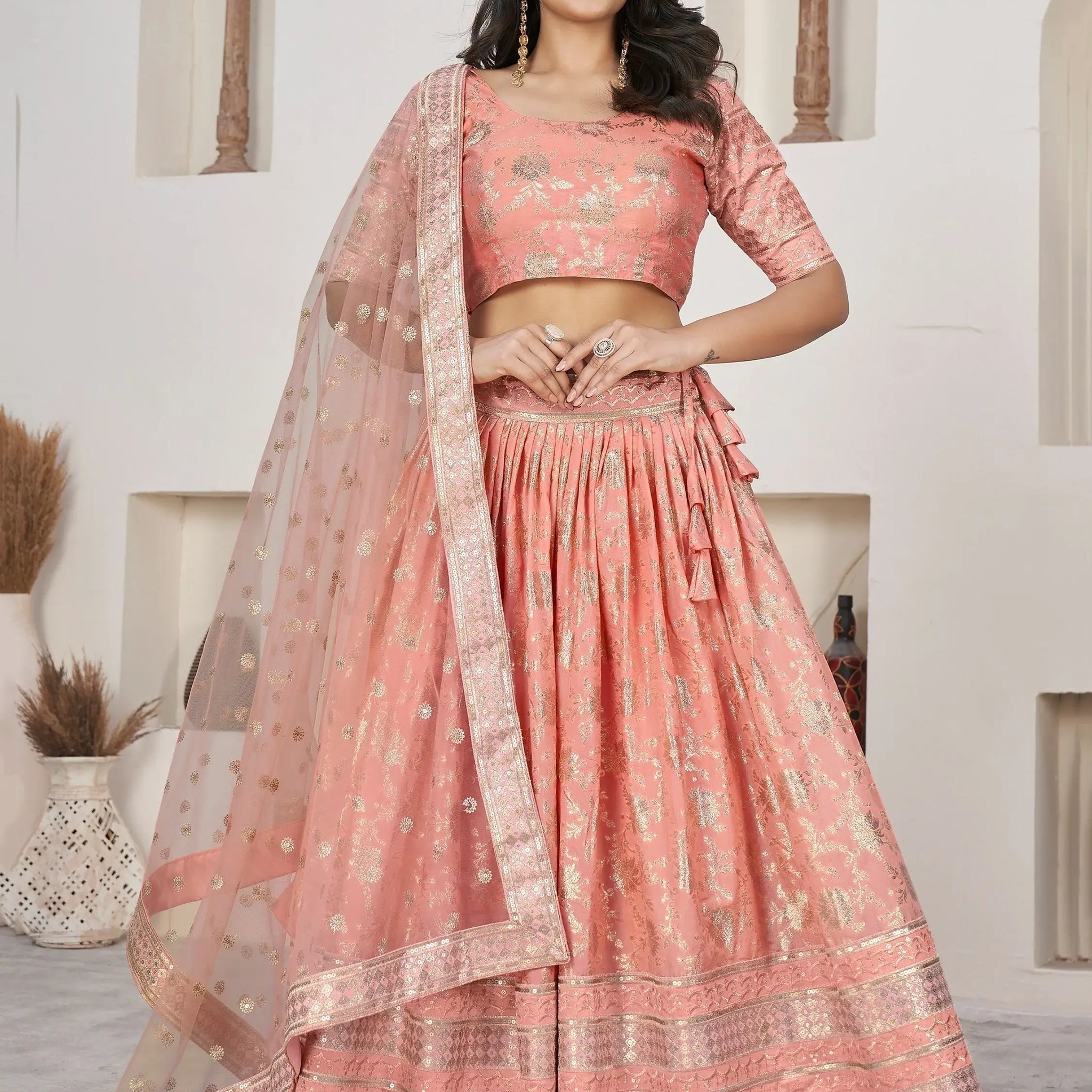 Fantastical Peach Zari Work Jacquard Bridesmaid Lehenga Choli - Zeel Clothing