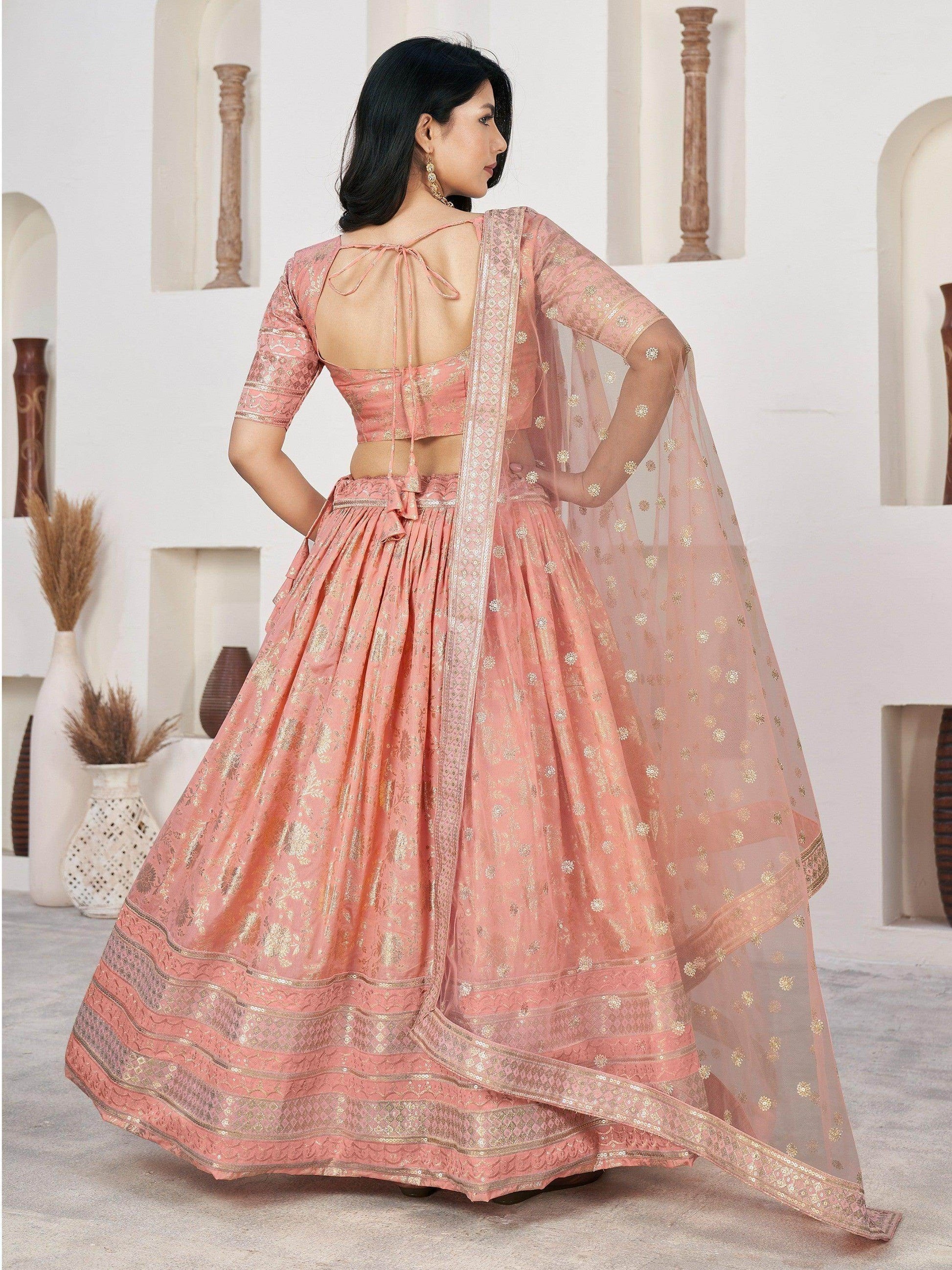 Fantastical Peach Zari Work Jacquard Bridesmaid Lehenga Choli - Zeel Clothing