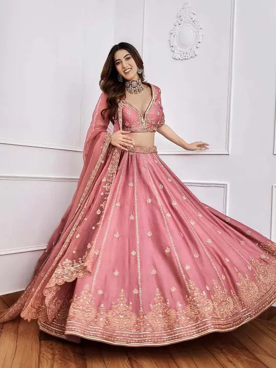 Fantastical Pink Sequins Art Silk Wedding Wear Lehenga Choli - Zeel Clothing