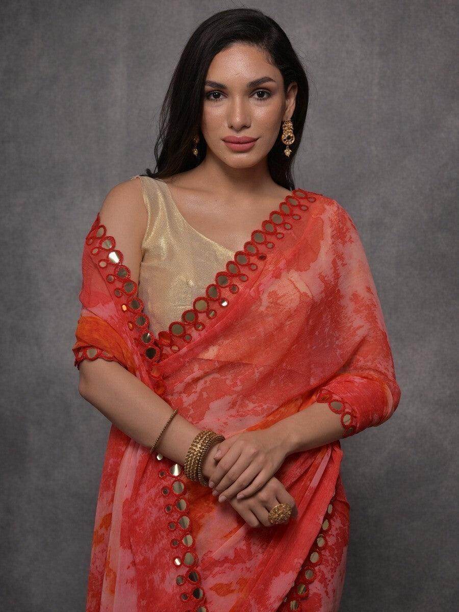 Fantastical Red Digital Printed Georgette Saree With Blouse - Zeel Clothing