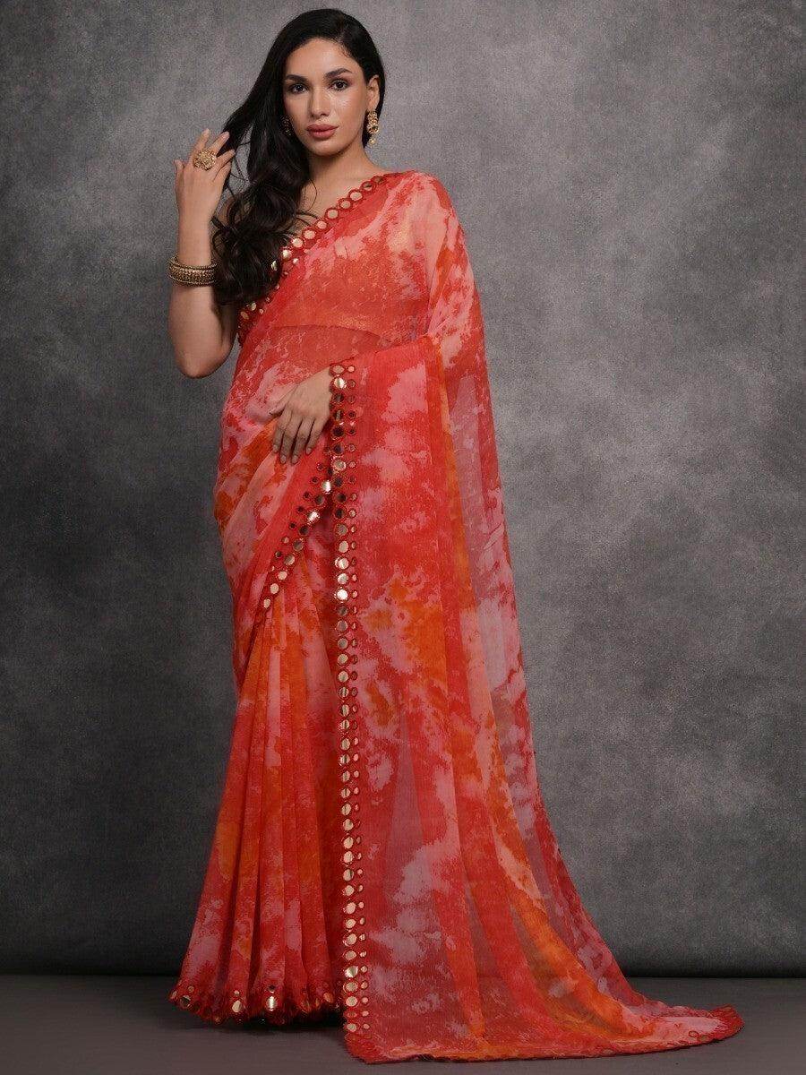 Fantastical Red Digital Printed Georgette Saree With Blouse - Zeel Clothing