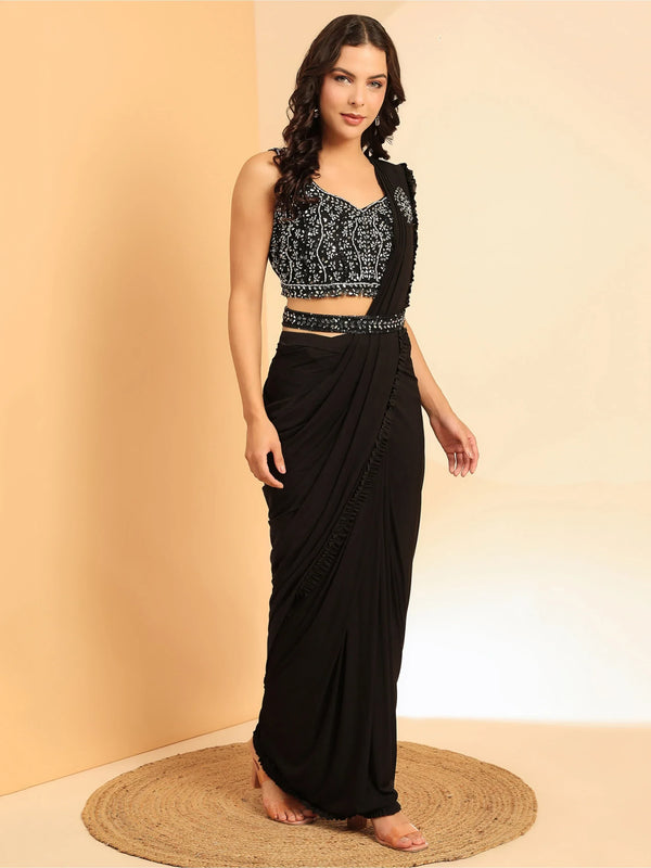 Fascinating Black Lycra Ready To Wear Saree With Mirror Work Blouse - Zeel Clothing