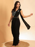 Fascinating Black Lycra Ready To Wear Saree With Mirror Work Blouse - Zeel Clothing