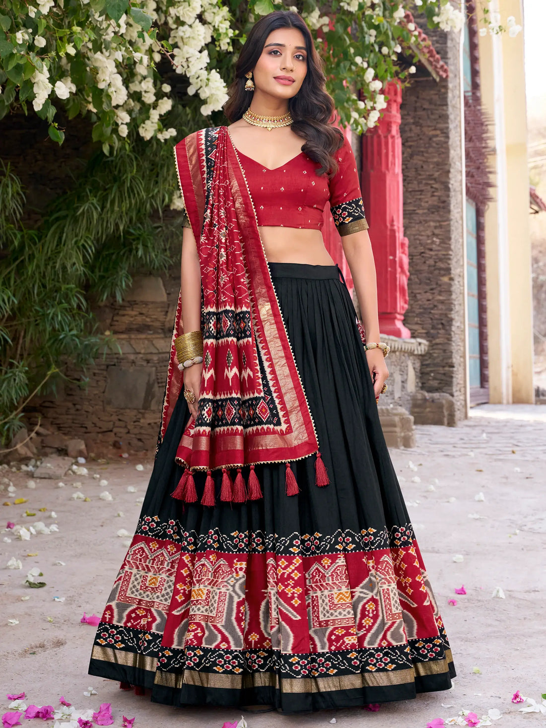 Fascinating Black Patola Printed Tussar Silk Lehenga Choli With Dupatta - Zeel Clothing