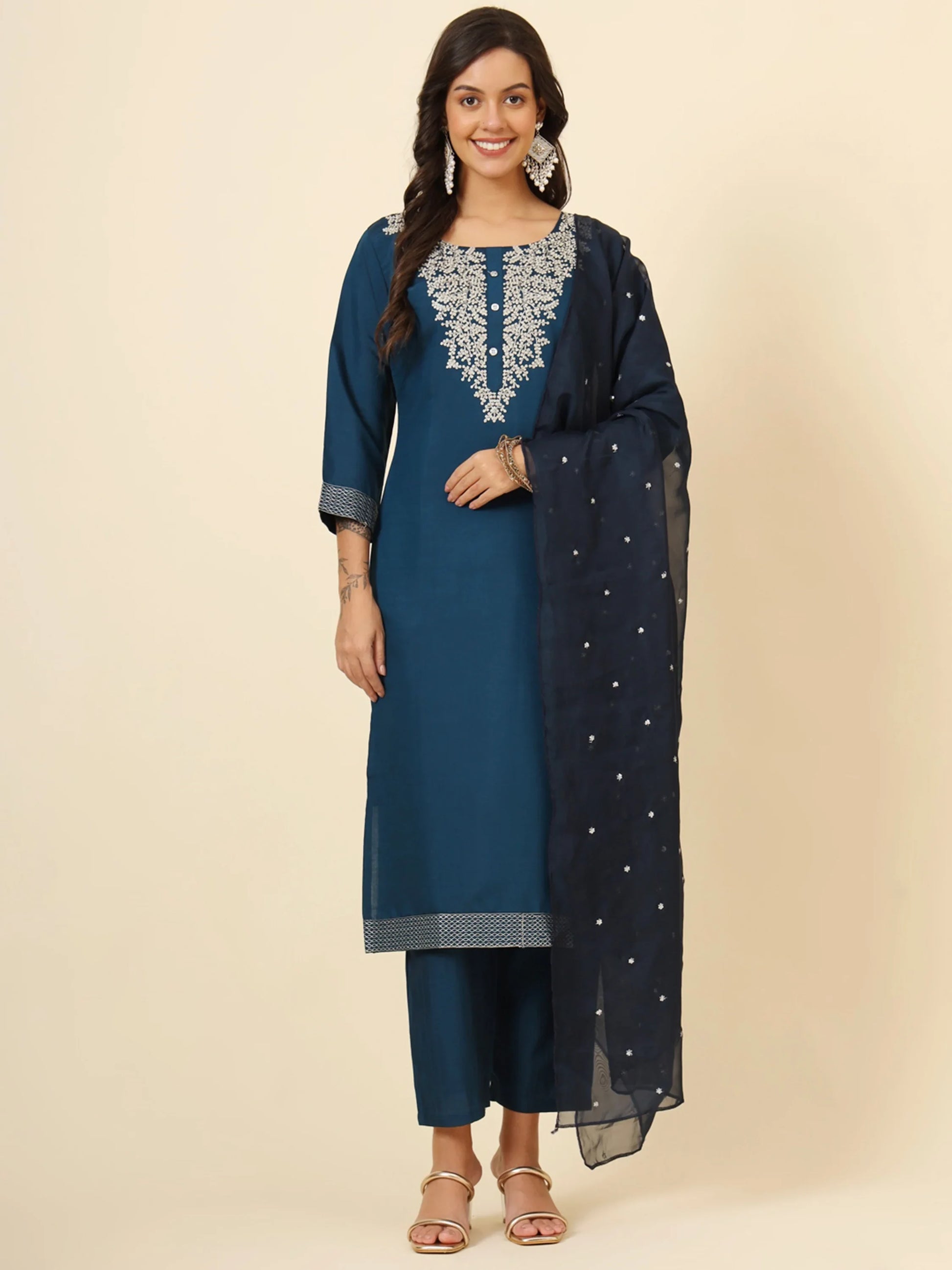 Fascinating Blue Embroidered Silk Pant Suit With Dupatta - Zeel Clothing