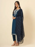 Fascinating Blue Embroidered Silk Pant Suit With Dupatta - Zeel Clothing