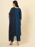 Fascinating Blue Embroidered Silk Pant Suit With Dupatta - Zeel Clothing