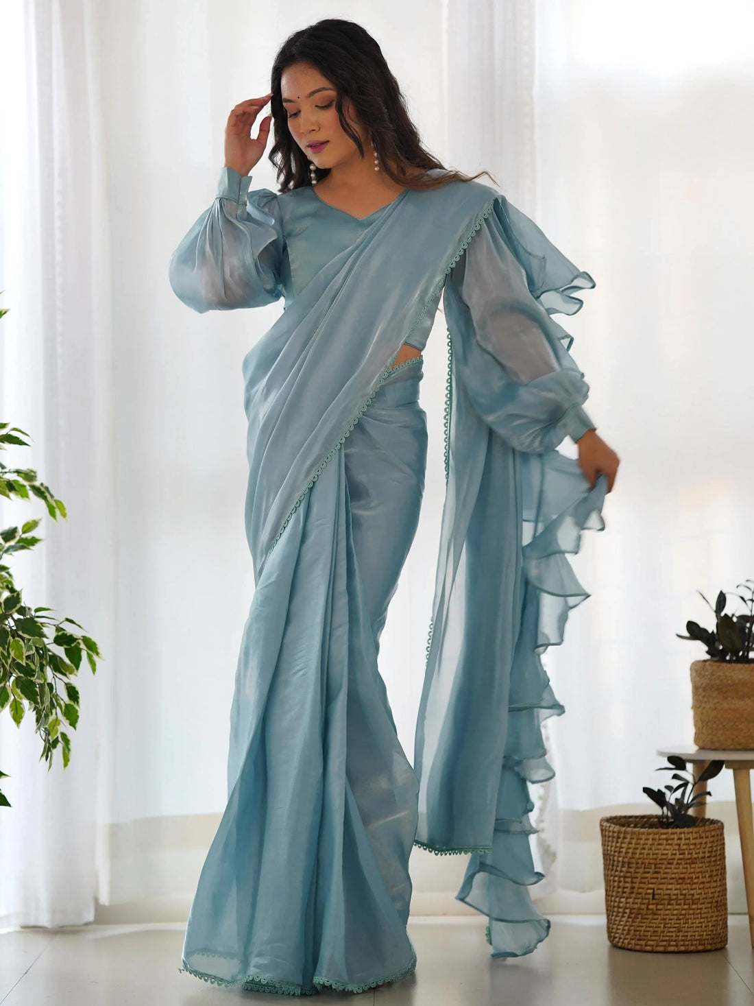 Fascinating Blue Organza Designer Readymade Saree With Blouse