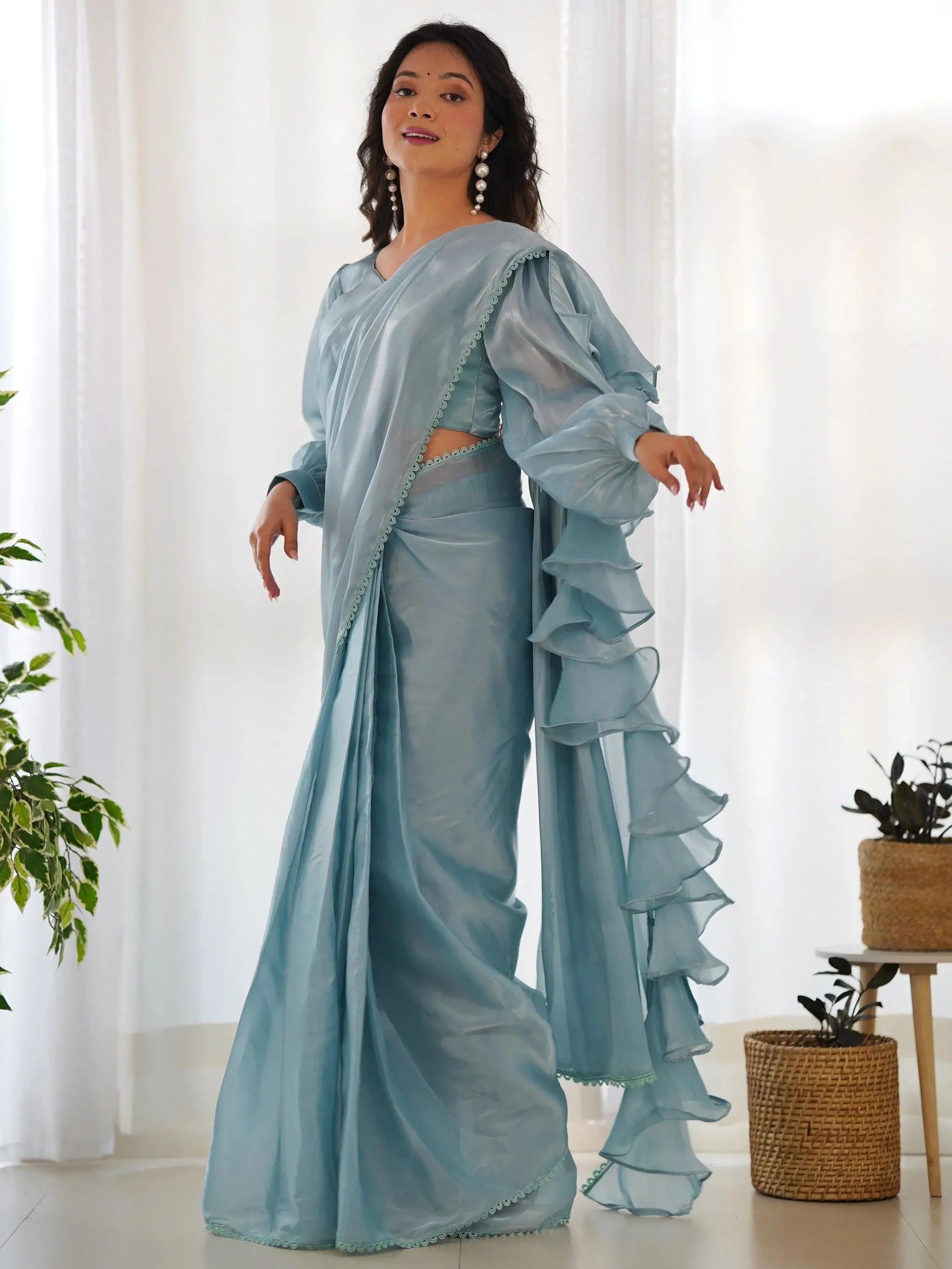 Fascinating Blue Organza Designer Readymade Saree With Blouse - Zeel Clothing