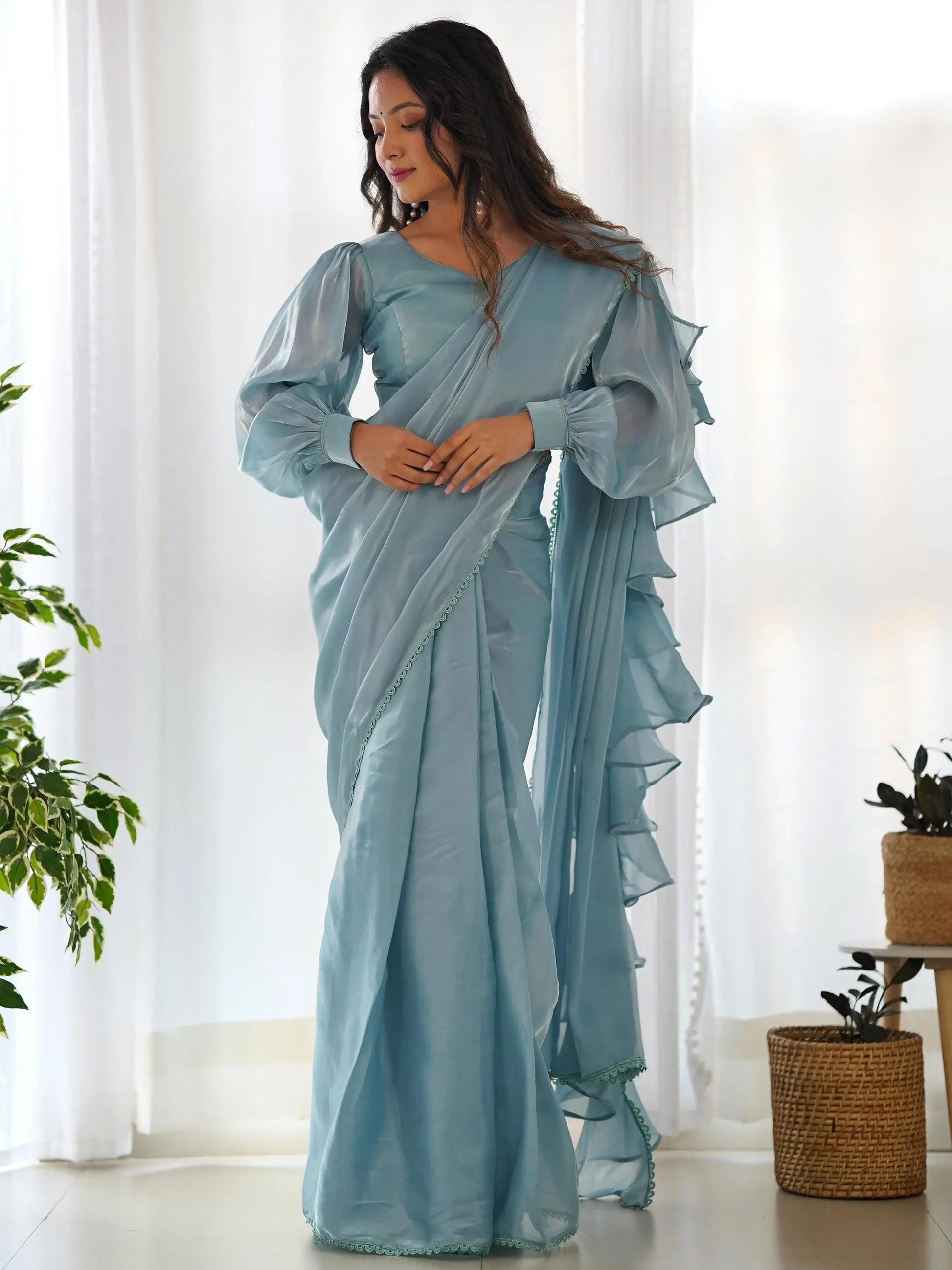 Fascinating Blue Organza Designer Readymade Saree With Blouse - Zeel Clothing