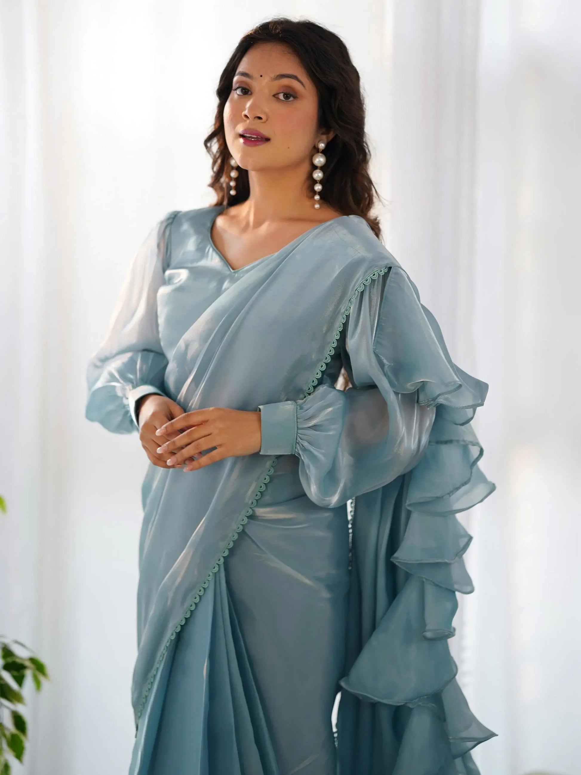 Fascinating Blue Organza Designer Readymade Saree With Blouse - Zeel Clothing