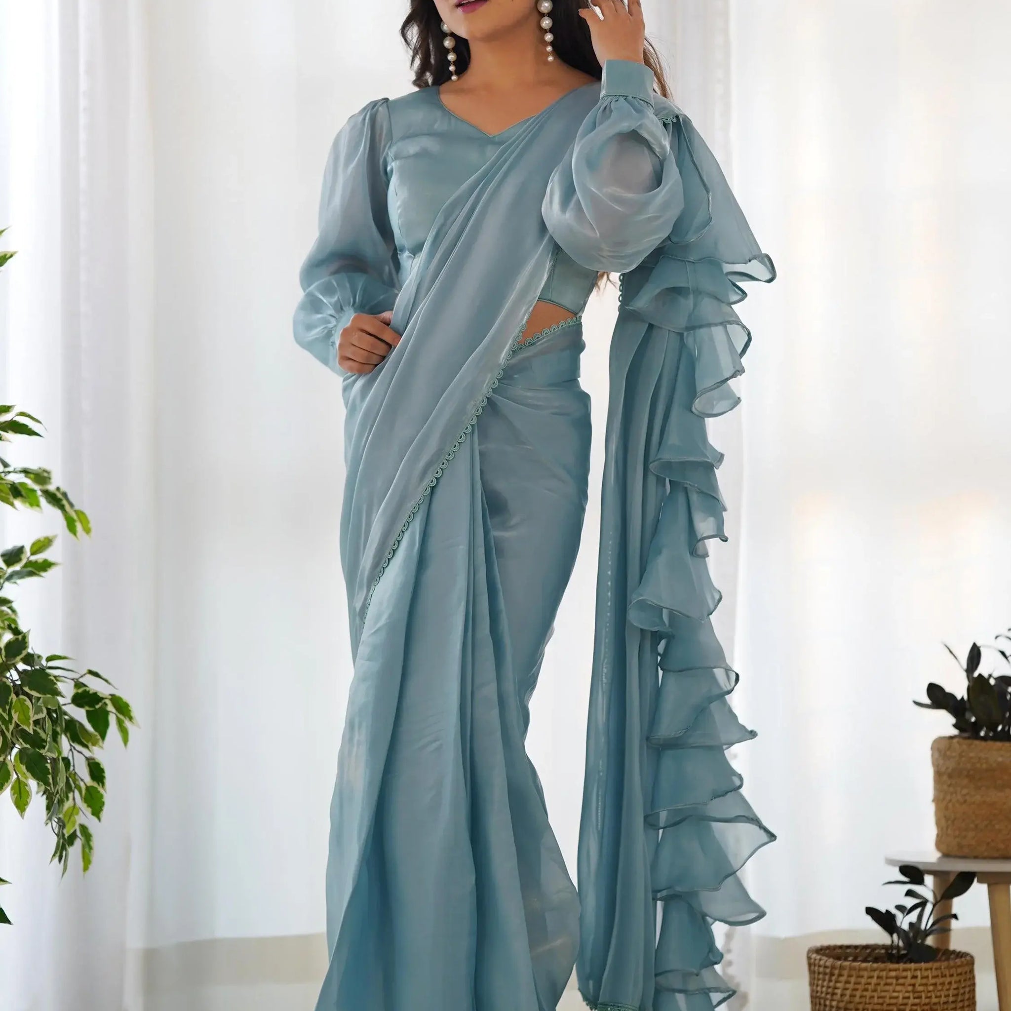 Fascinating Blue Organza Designer Readymade Saree With Blouse - Zeel Clothing