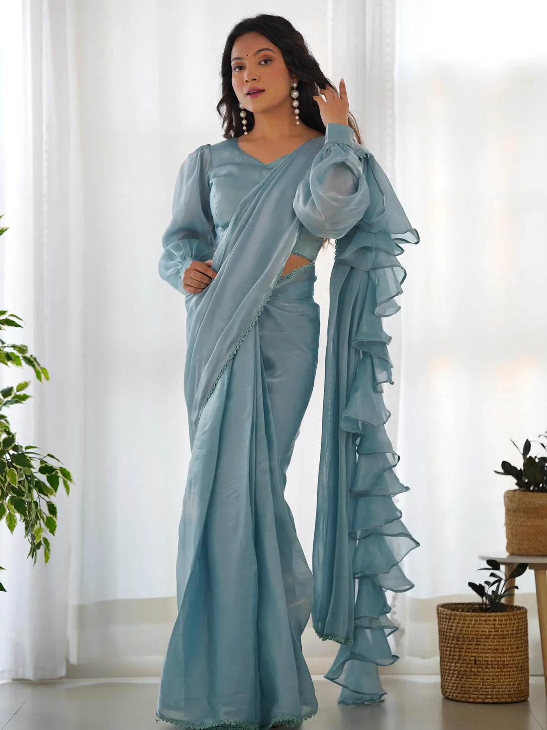Fascinating Blue Organza Designer Readymade Saree With Blouse - Zeel Clothing