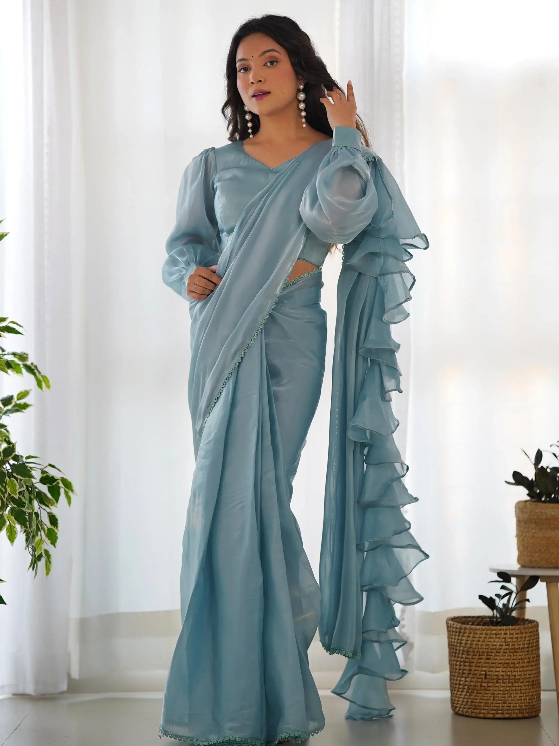 Fascinating Blue Organza Designer Readymade Saree With Blouse - Zeel Clothing