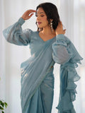 Fascinating Blue Organza Designer Readymade Saree With Blouse - Zeel Clothing