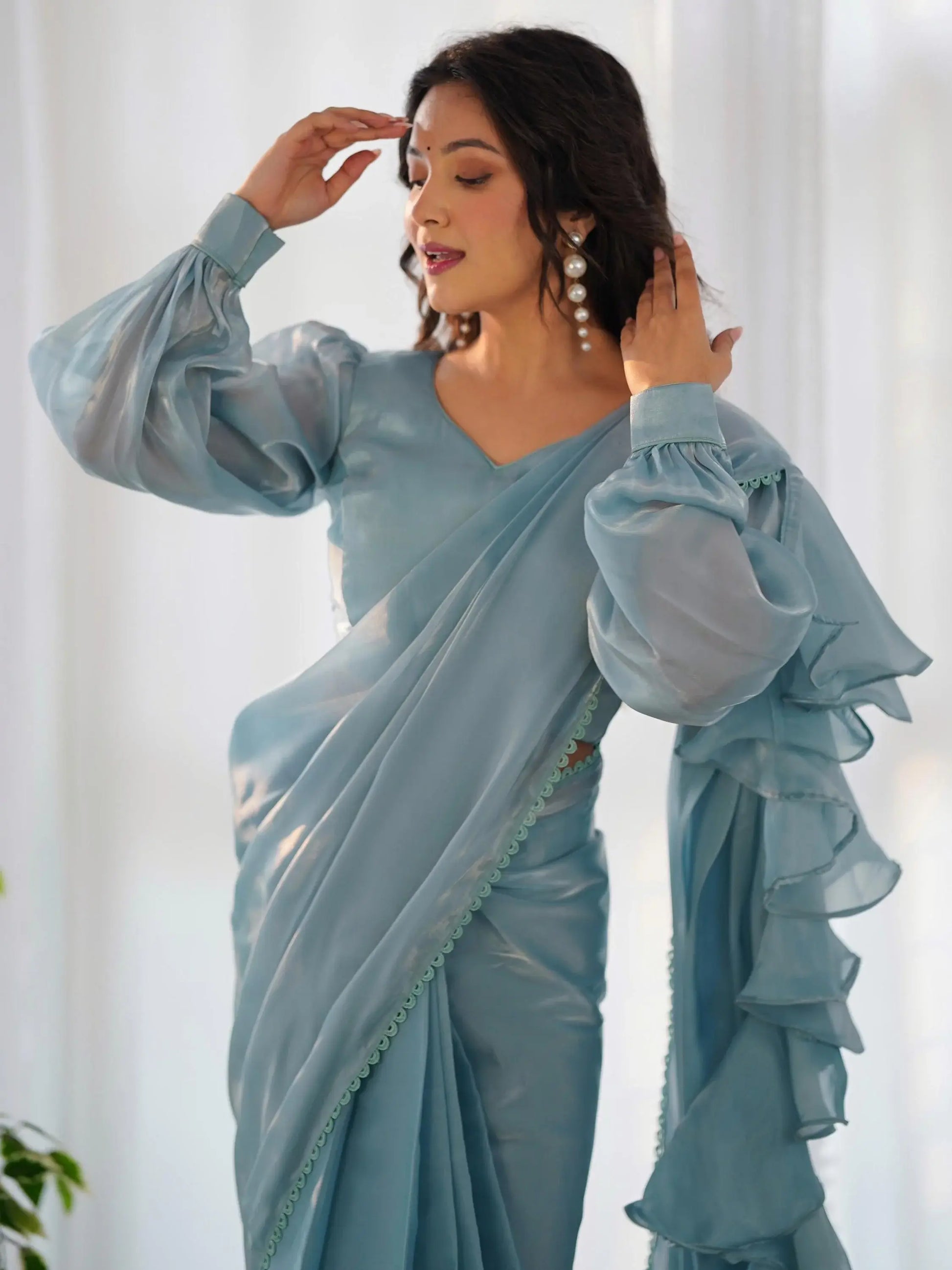 Fascinating Blue Organza Designer Readymade Saree With Blouse - Zeel Clothing