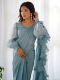 Fascinating Blue Organza Designer Readymade Saree With Blouse - Zeel Clothing
