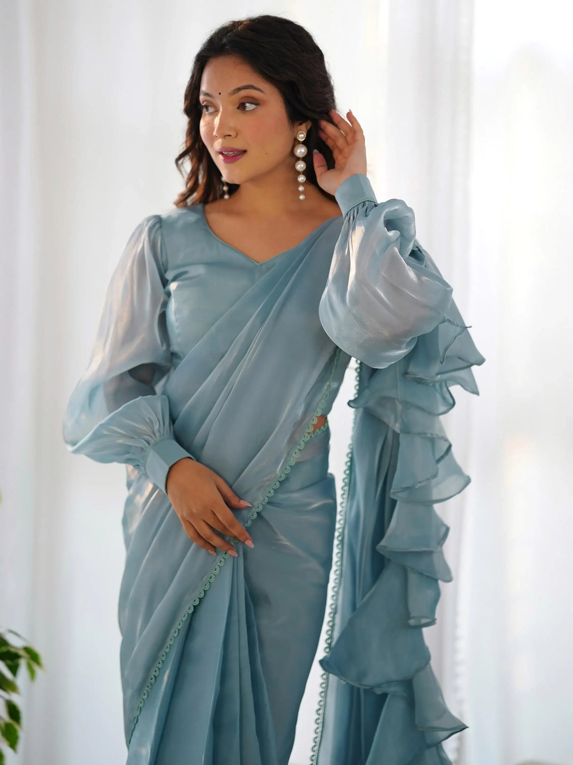 Fascinating Blue Organza Designer Readymade Saree With Blouse - Zeel Clothing